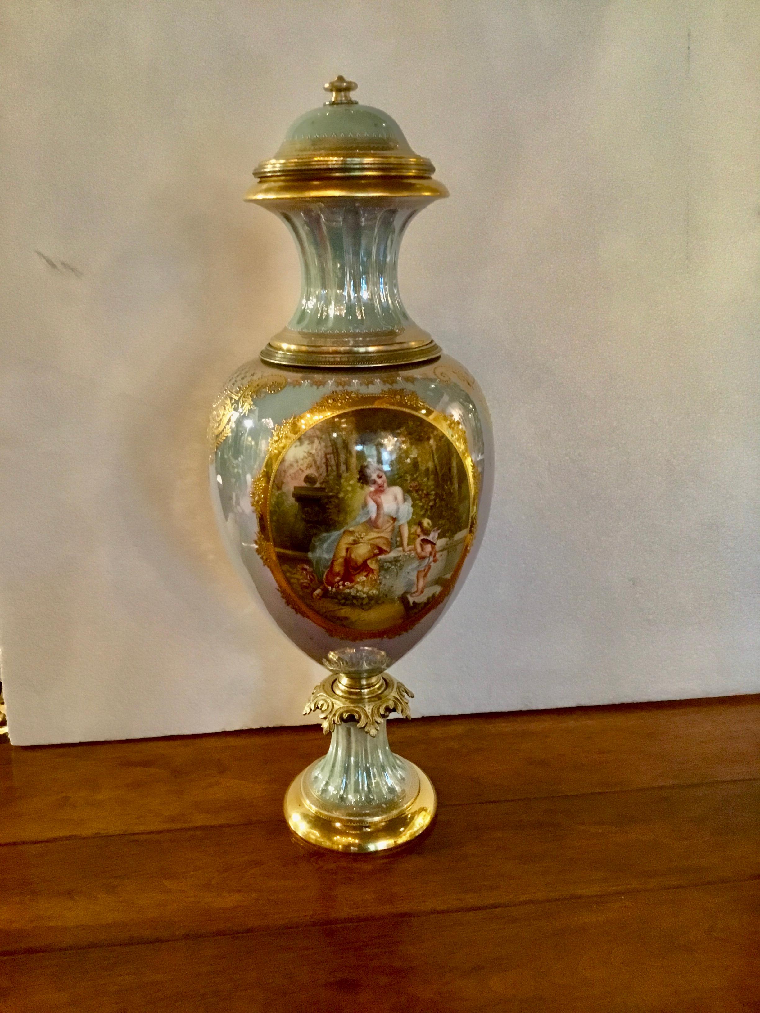 Royal Vienna Porcelain Urn Painted with Neoclassical Woman and Angel in Garden 3