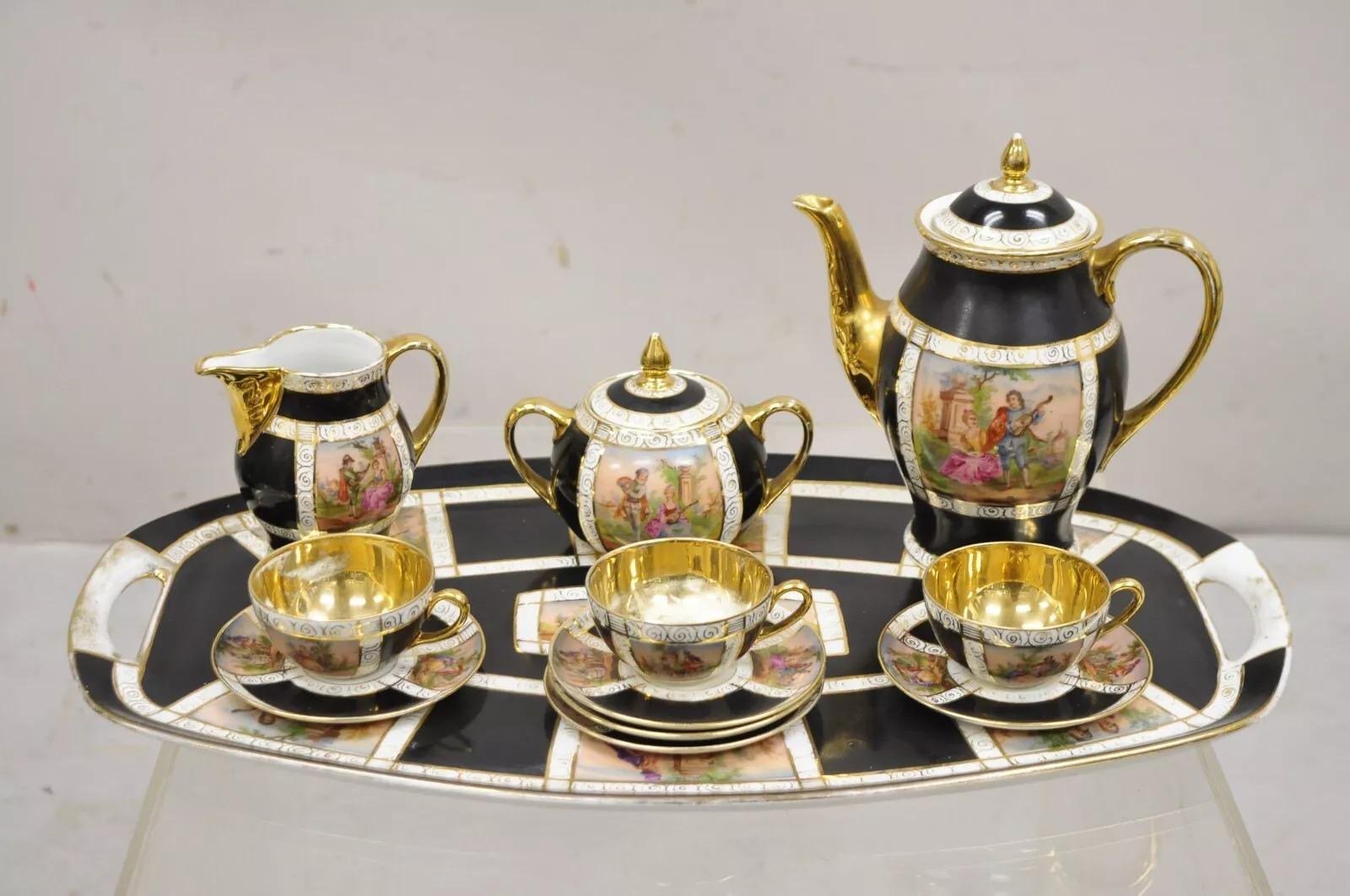Royal Vienna Style Bohemia Czecho-Slovakia Black Porcelain Tea Set - 12 pcs For Sale 8