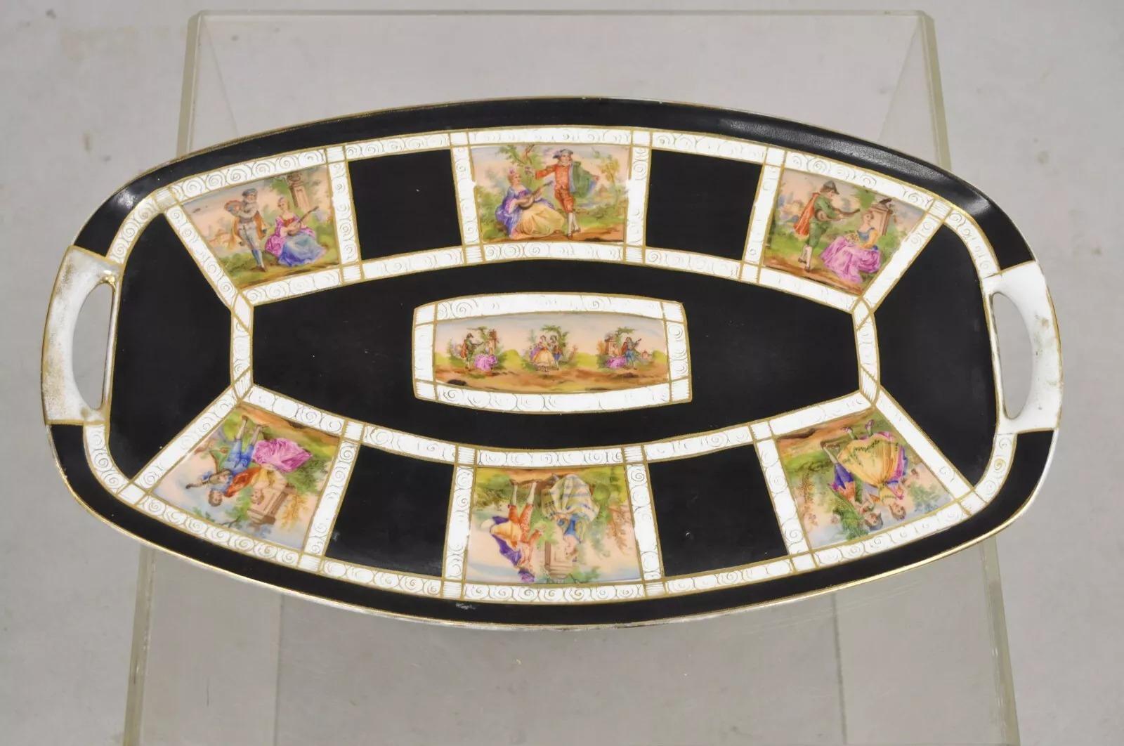 Antique Royal Vienna Style Bohemia Czecho-Slovakia Black Porcelain Tea Set - 12 pcs. Listing includes (1) tray, (3) cups, (5) saucers, (1) covered sugar bowl, (1) creamer, (1) teapot. Circa Early 20th Century. Measurements: Teapot: 7
