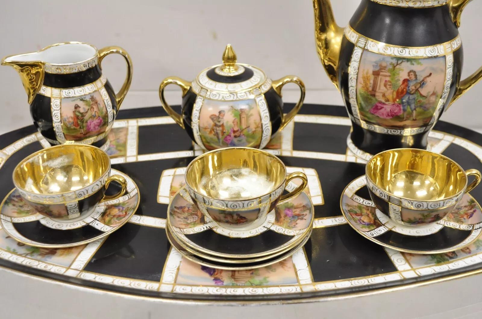 Victorian Royal Vienna Style Bohemia Czecho-Slovakia Black Porcelain Tea Set - 12 pcs For Sale