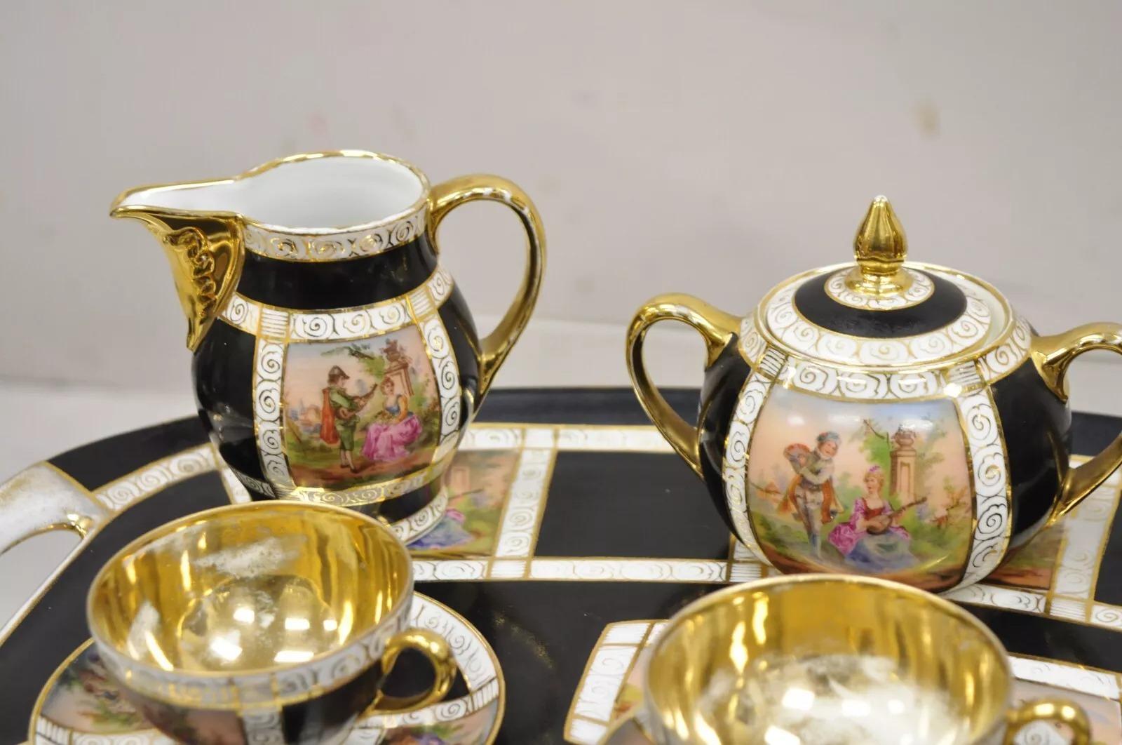 Royal Vienna Style Bohemia Czecho-Slovakia Black Porcelain Tea Set - 12 pcs In Good Condition For Sale In Philadelphia, PA