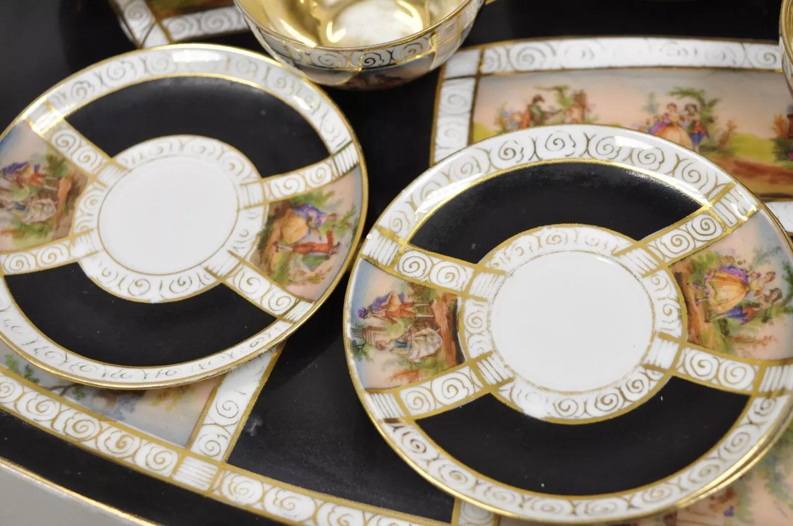 20th Century Royal Vienna Style Bohemia Czecho-Slovakia Black Porcelain Tea Set - 12 pcs For Sale