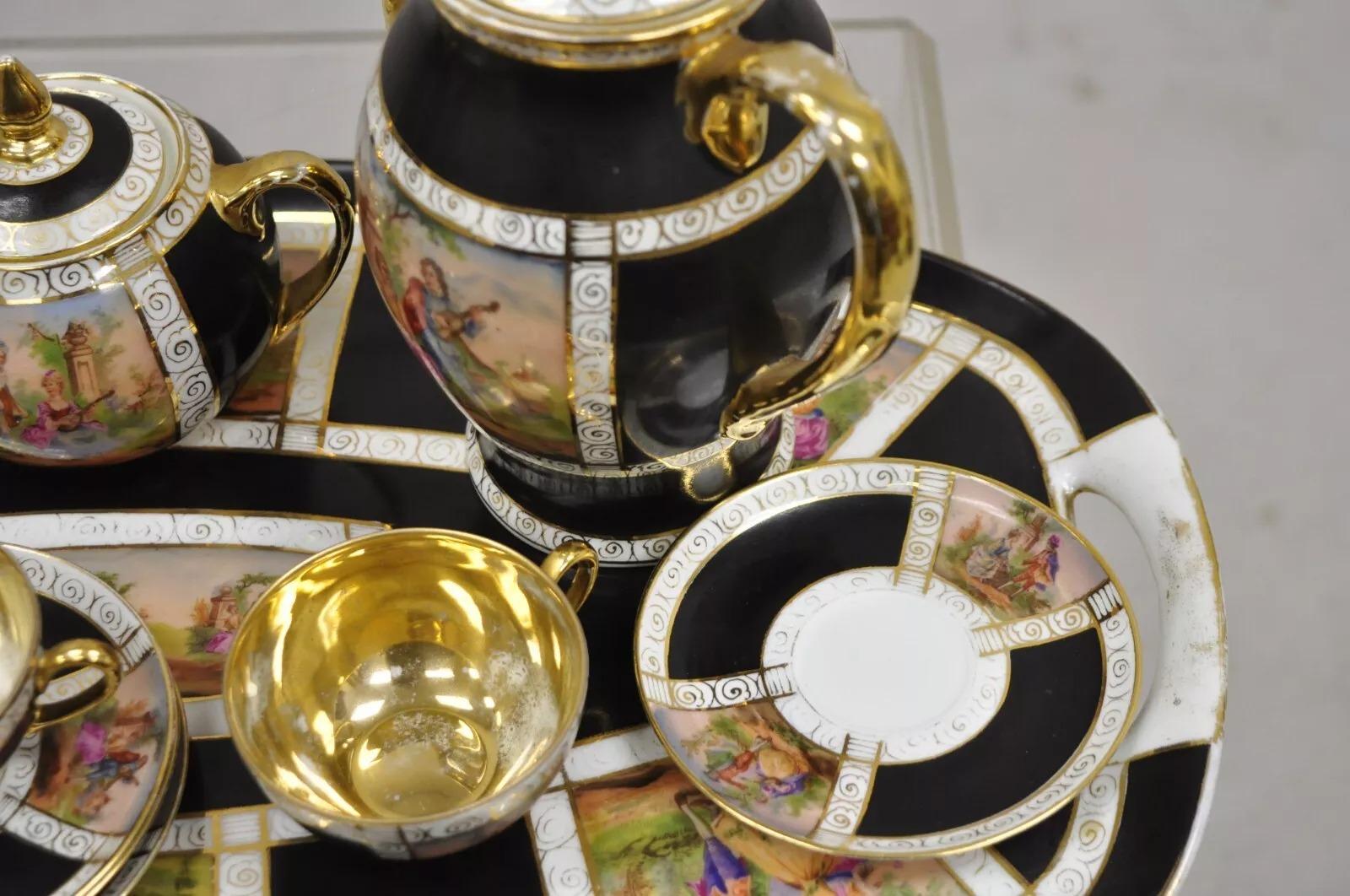 Royal Vienna Style Bohemia Czecho-Slovakia Black Porcelain Tea Set - 12 pcs For Sale 2