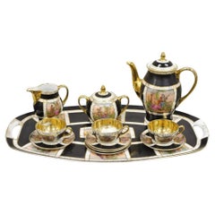 Royal Vienna Style Bohemia Czecho-Slovakia Black Porcelain Tea Set - 12 pcs