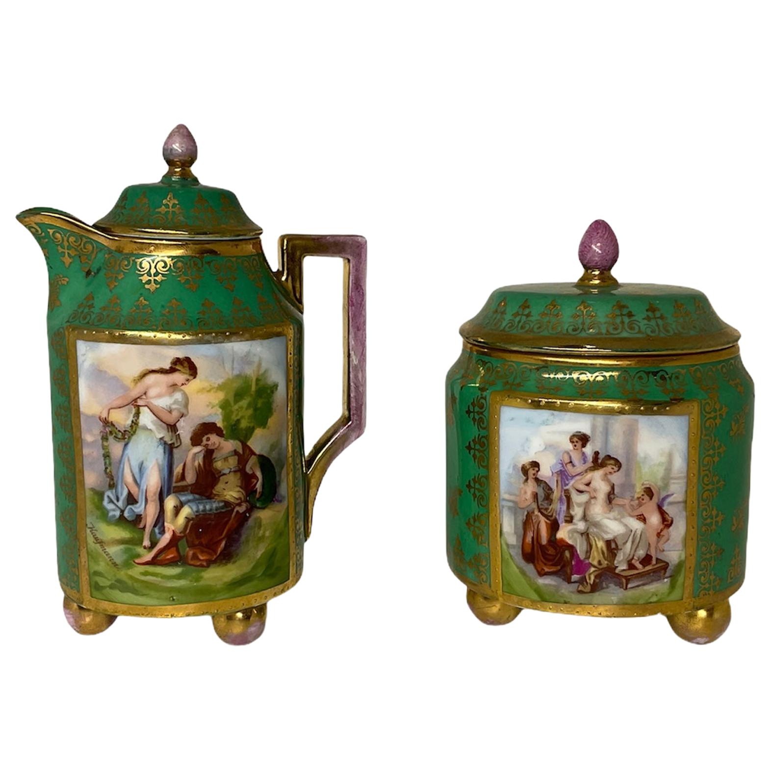 Royal Vienna Style Hand Painted Porcelain Set of Creamer and Sugar Bowl