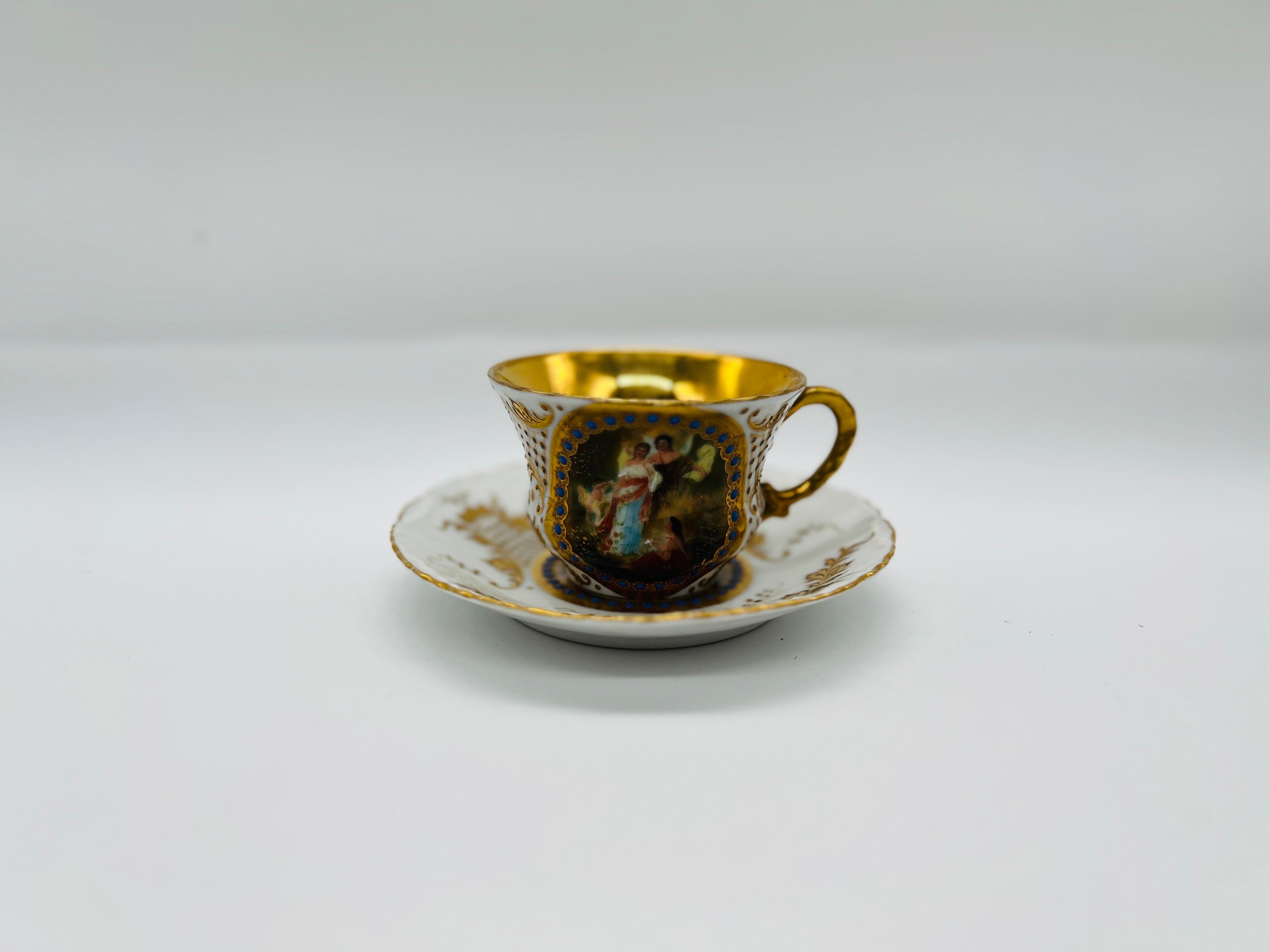 Austrian Royal Vienna Style Hand Painted Porcelain Teacup & Saucer