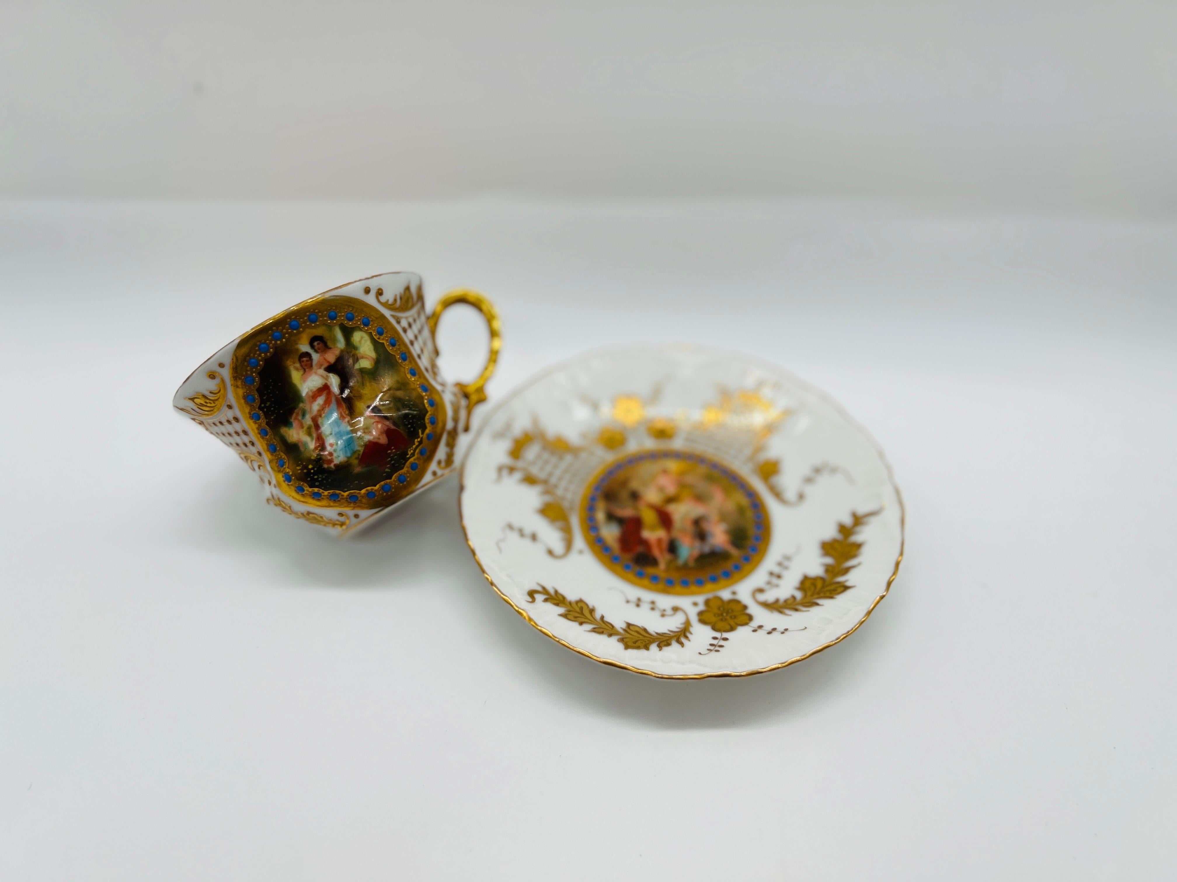 Royal Vienna Style Hand Painted Porcelain Teacup & Saucer In Good Condition In Atlanta, GA