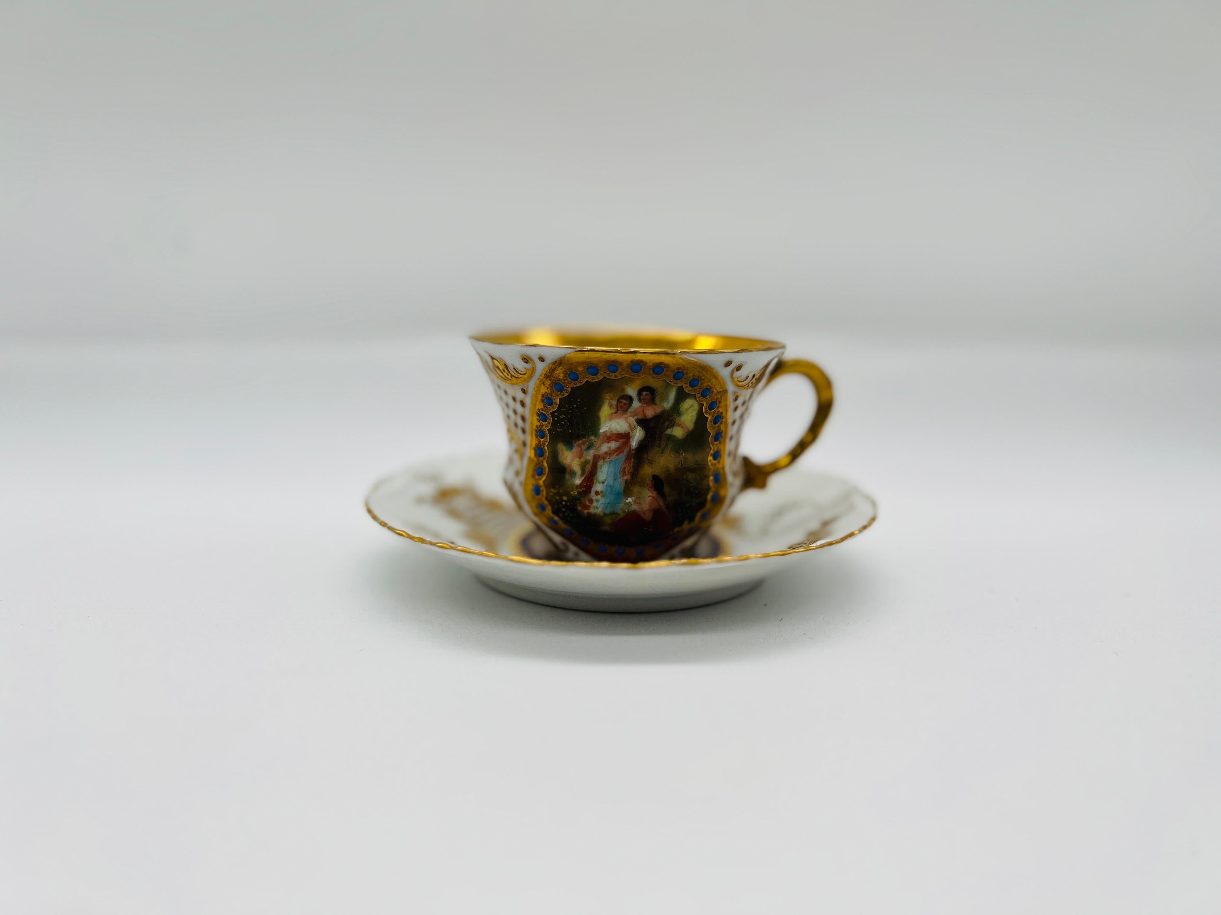 20th Century Royal Vienna Style Hand Painted Porcelain Teacup & Saucer