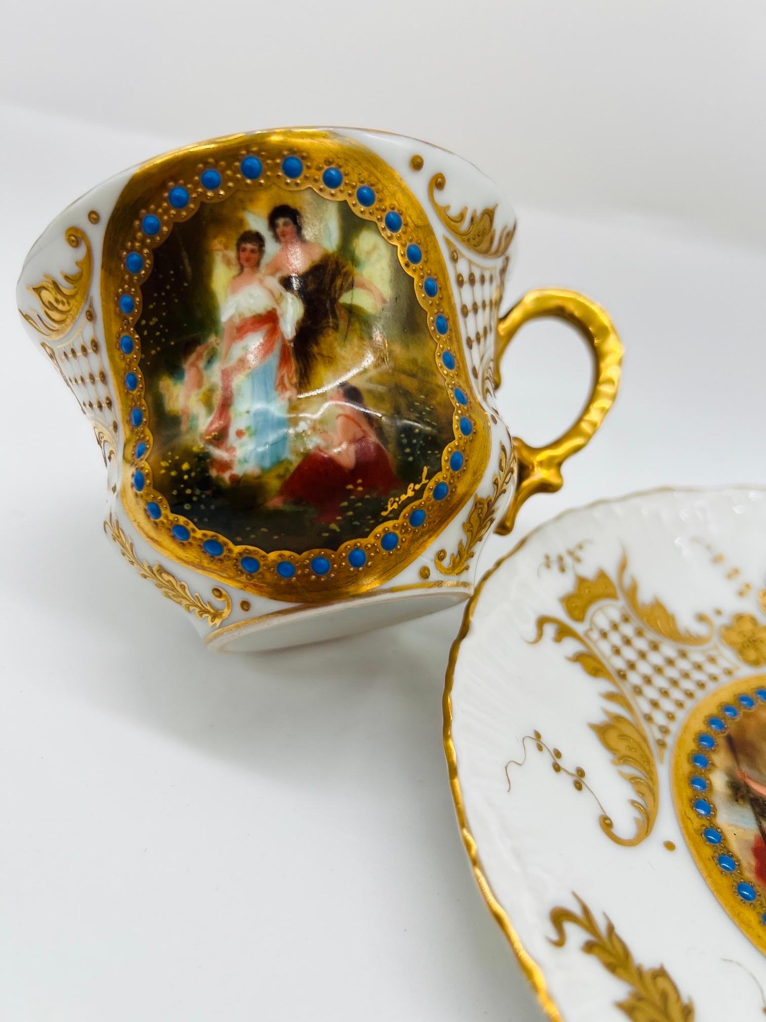 Royal Vienna Style Handbemalte Porzellan Teetasse & Untertasse 1