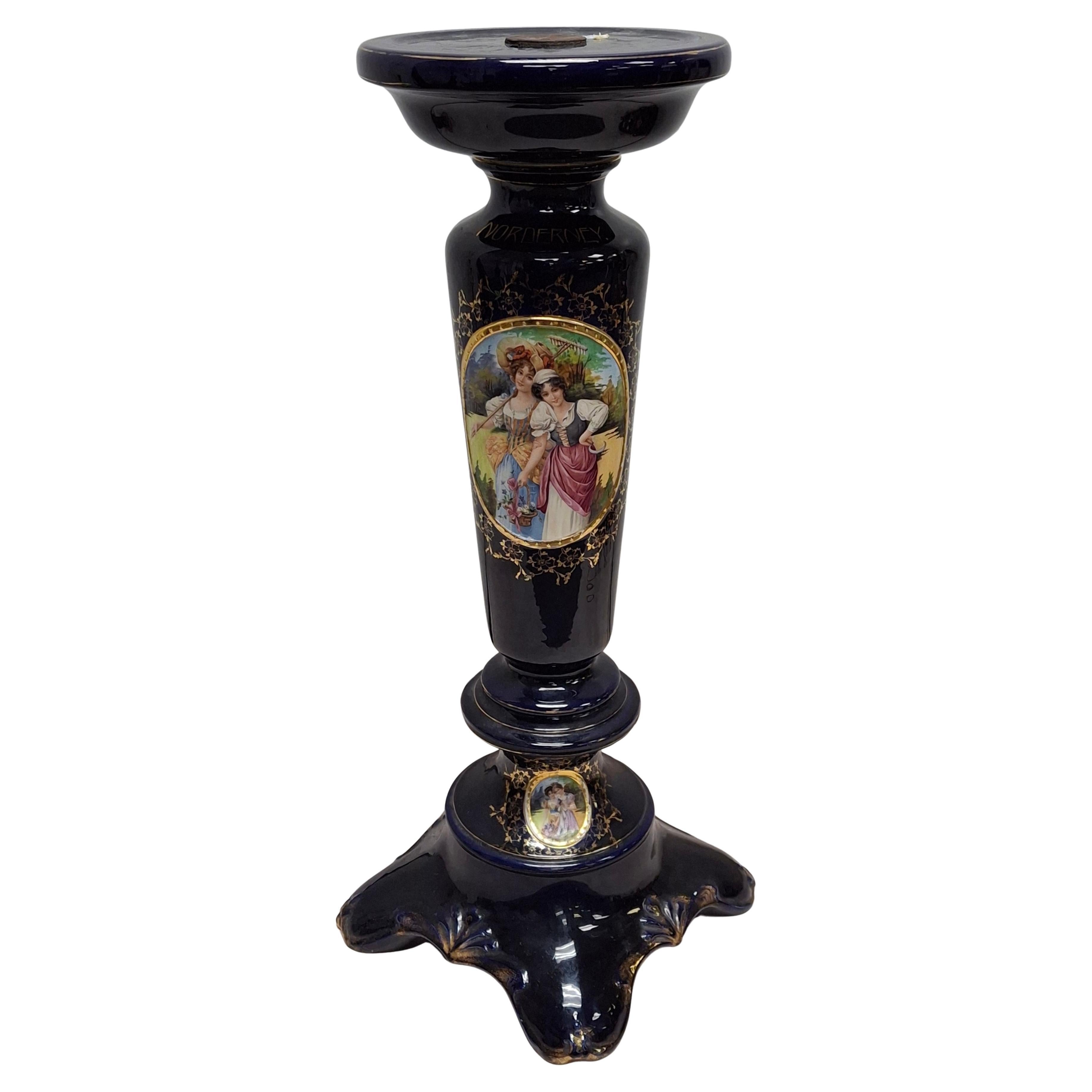 Royal Vienna Porcelain Blue Cobalt Decorated Pedestal, Circa 1900s, Signed For Sale