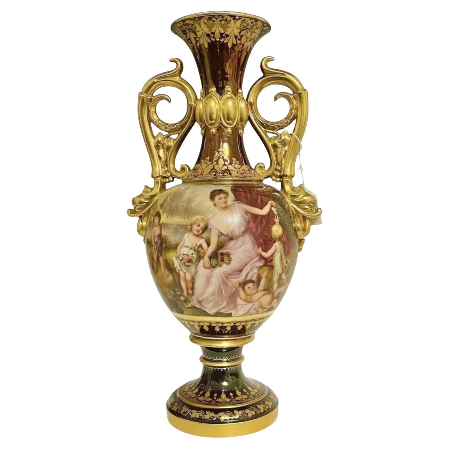 Royal Vienna Style Porcelain Vase Celebrating Autumn For Sale