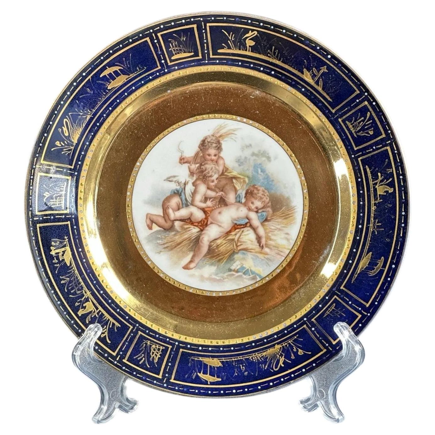 Royal Vienna Style, Putti Allegory with Raised Gold & Cobalt Border - 9.4im For Sale