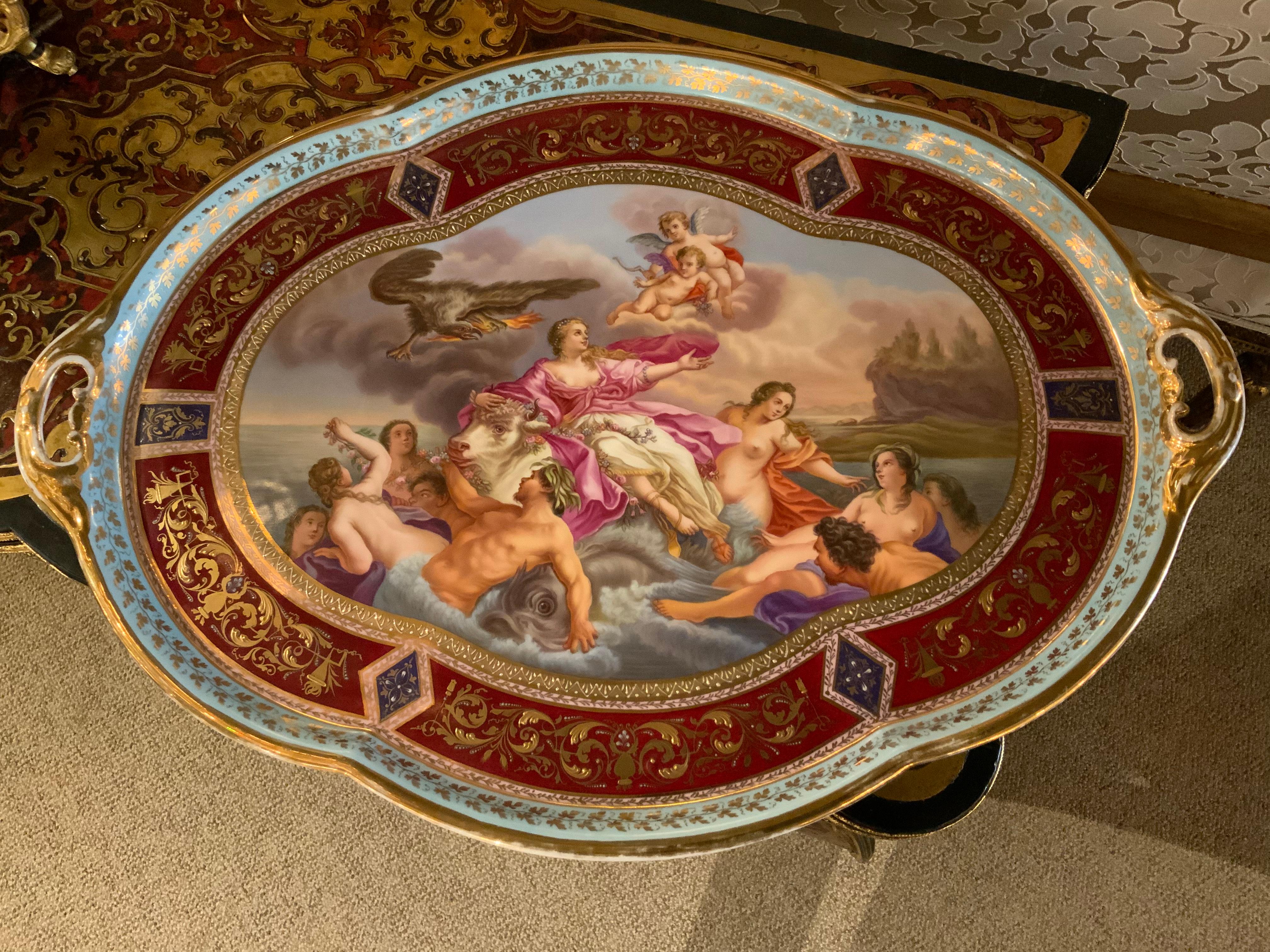 Hand-Painted Royal Vienna with Bee Hive Mark Large Oval Charger, 19;Th C. Classical Scene For Sale