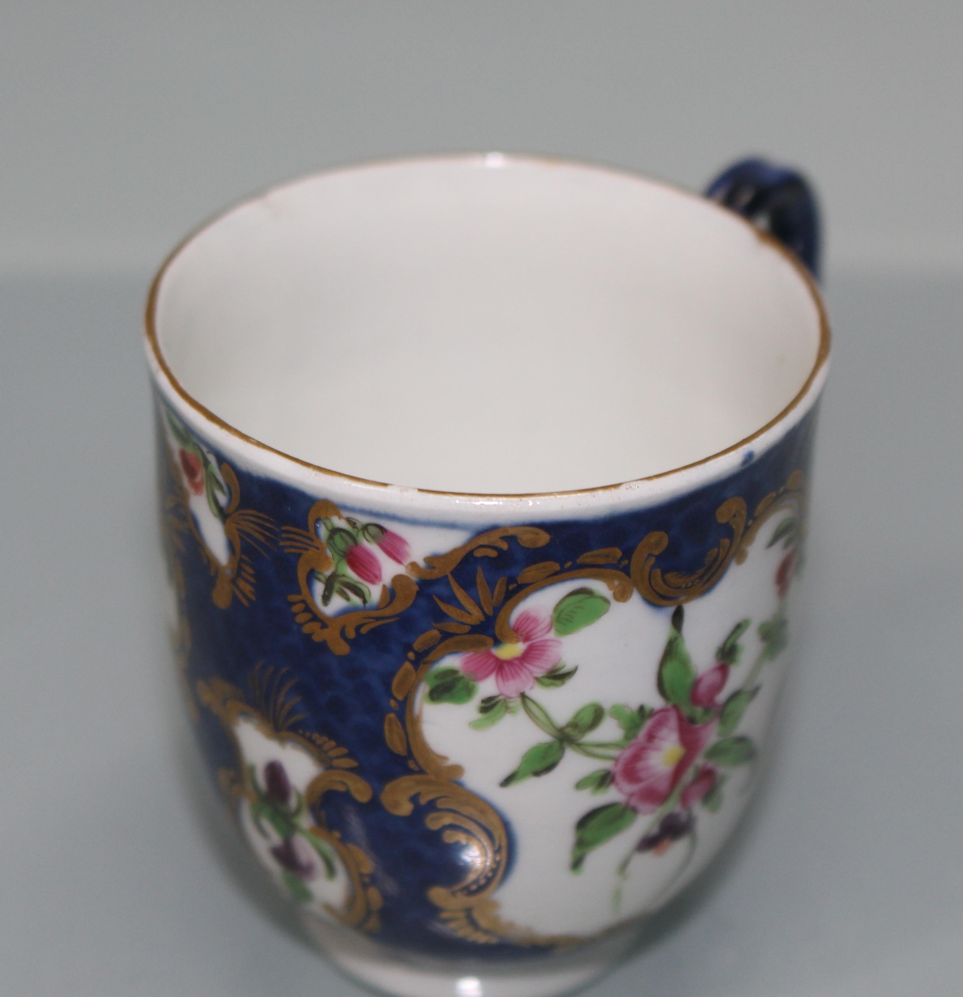 British Royal Worcester 18th Century Blue Scale Trio with Floral Panels For Sale