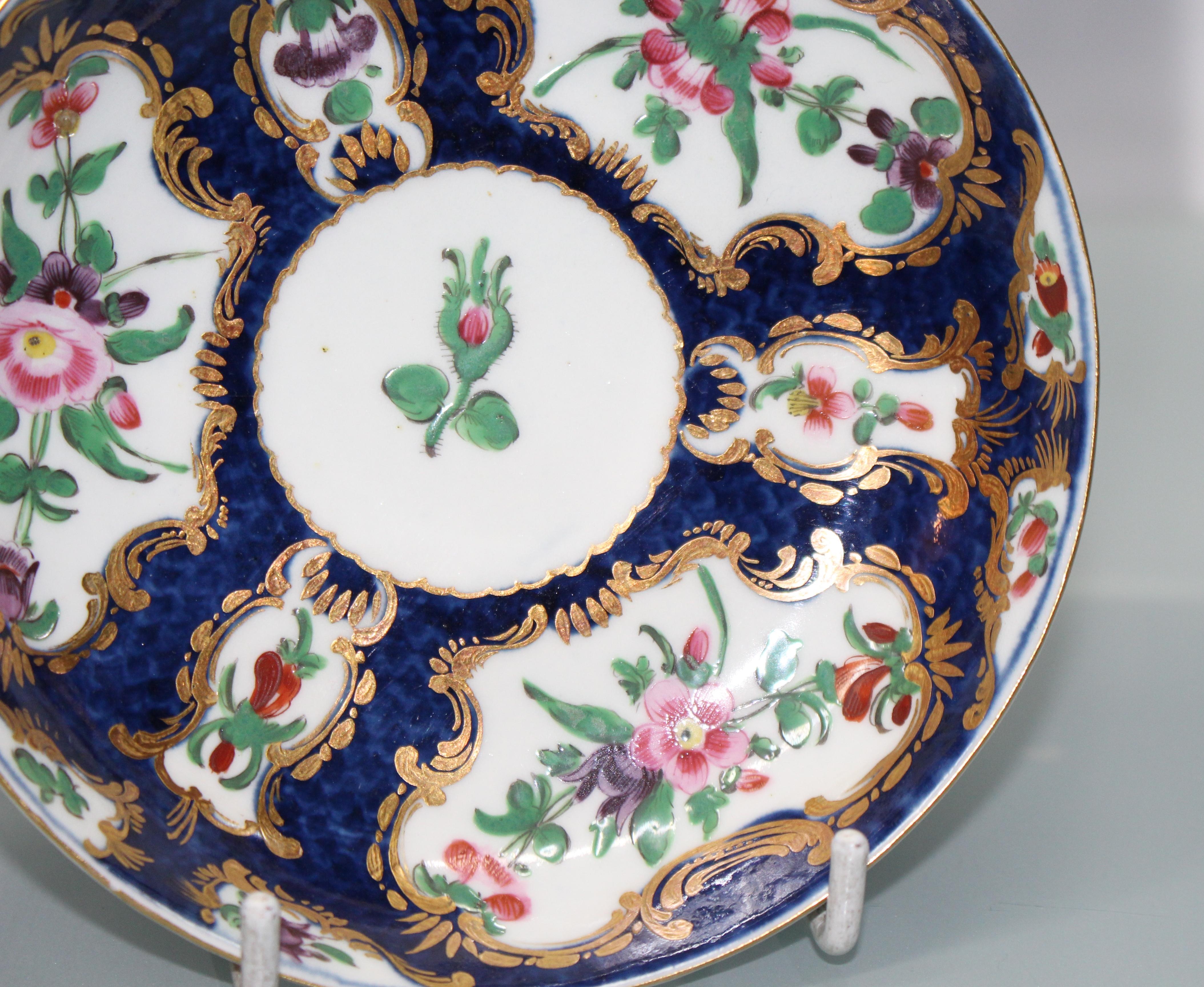 Royal Worcester 18th Century Blue Scale Trio with Floral Panels For Sale 1