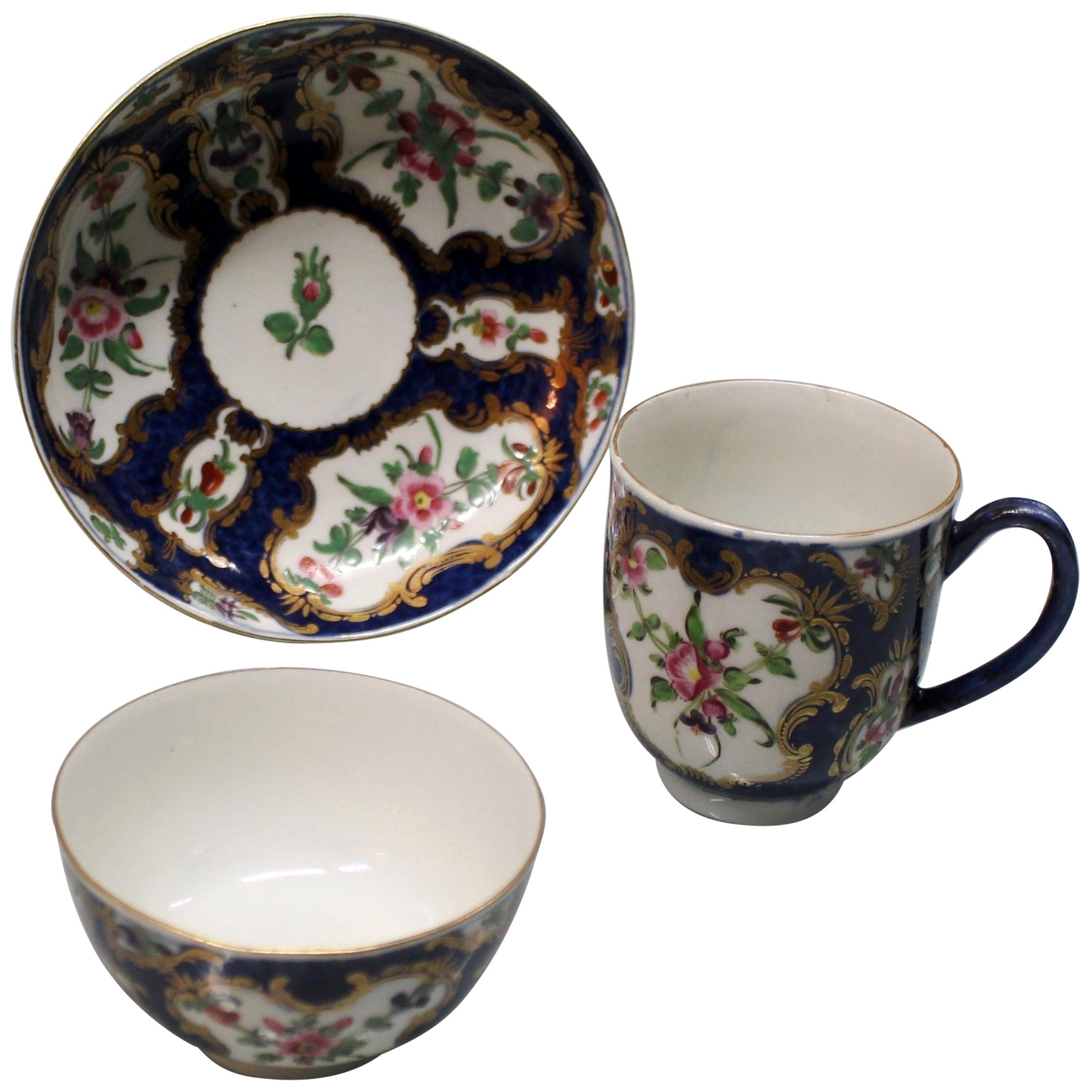 Royal Worcester 18th Century Blue Scale Trio with Floral Panels For Sale