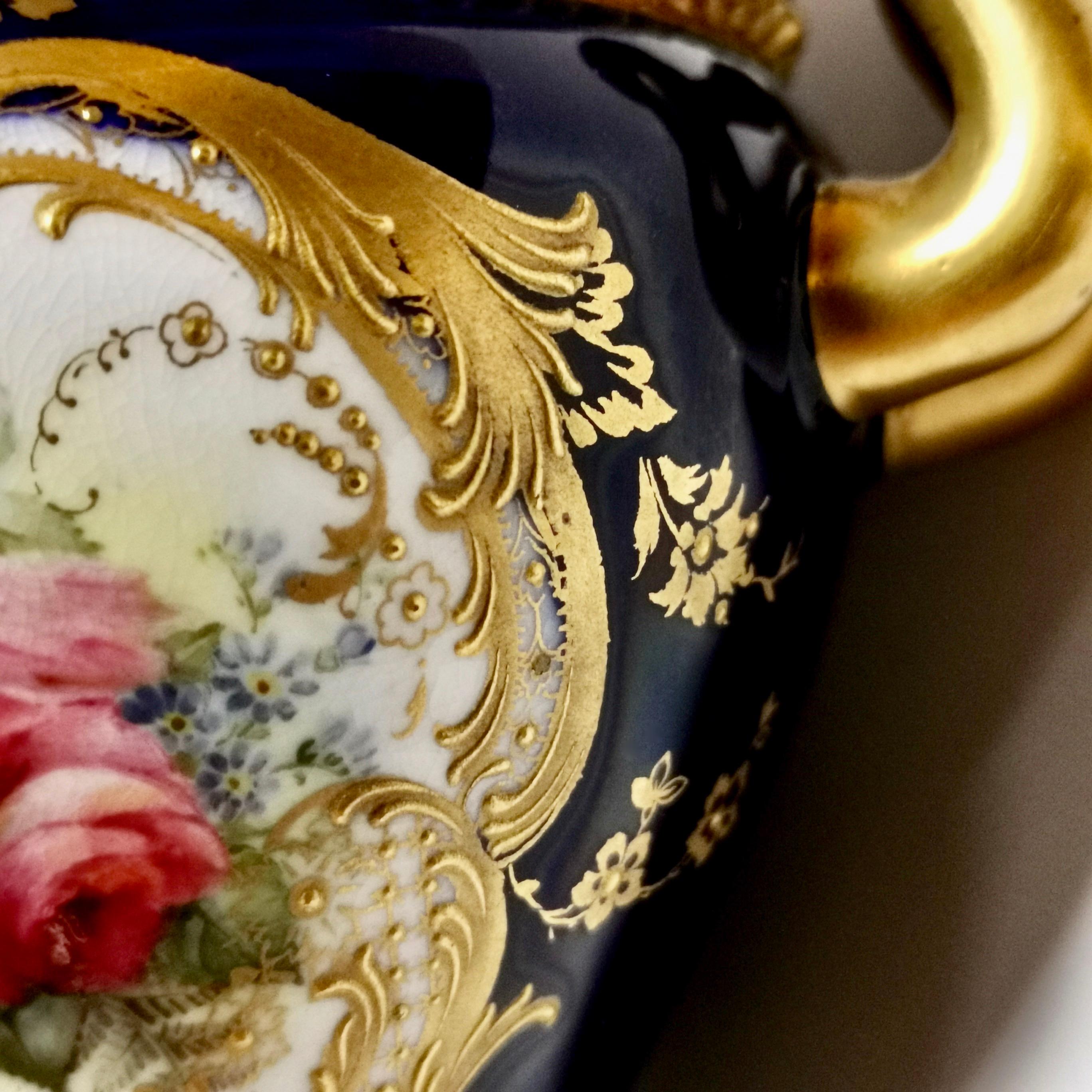 Royal Worcester 2 Porcelain Glaux Vases, Mazarine Blue, Flowers by H Chair, 1905 2