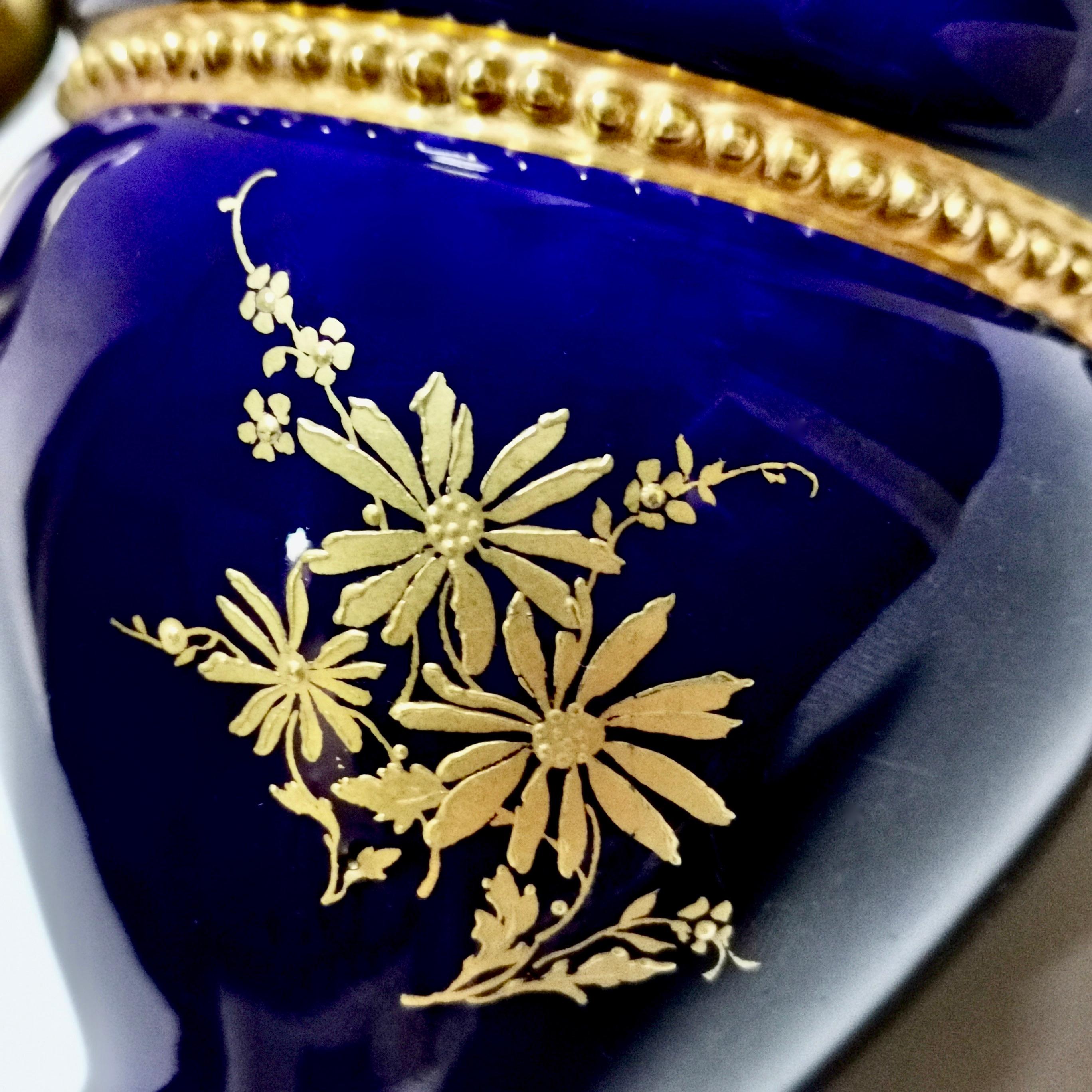 Royal Worcester 2 Porcelain Glaux Vases, Mazarine Blue, Flowers by H Chair, 1905 3