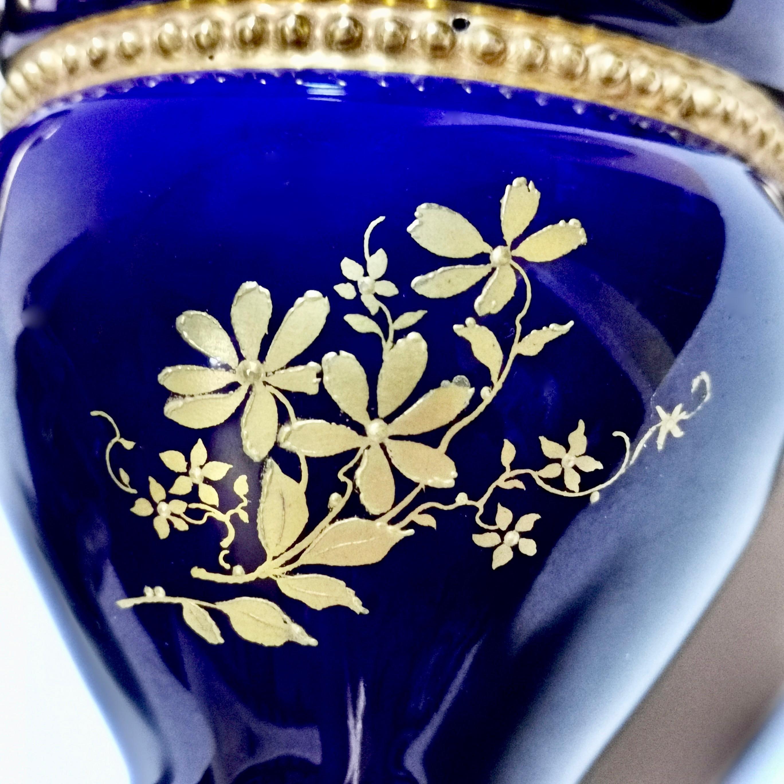 Royal Worcester 2 Porcelain Glaux Vases, Mazarine Blue, Flowers by H Chair, 1905 4