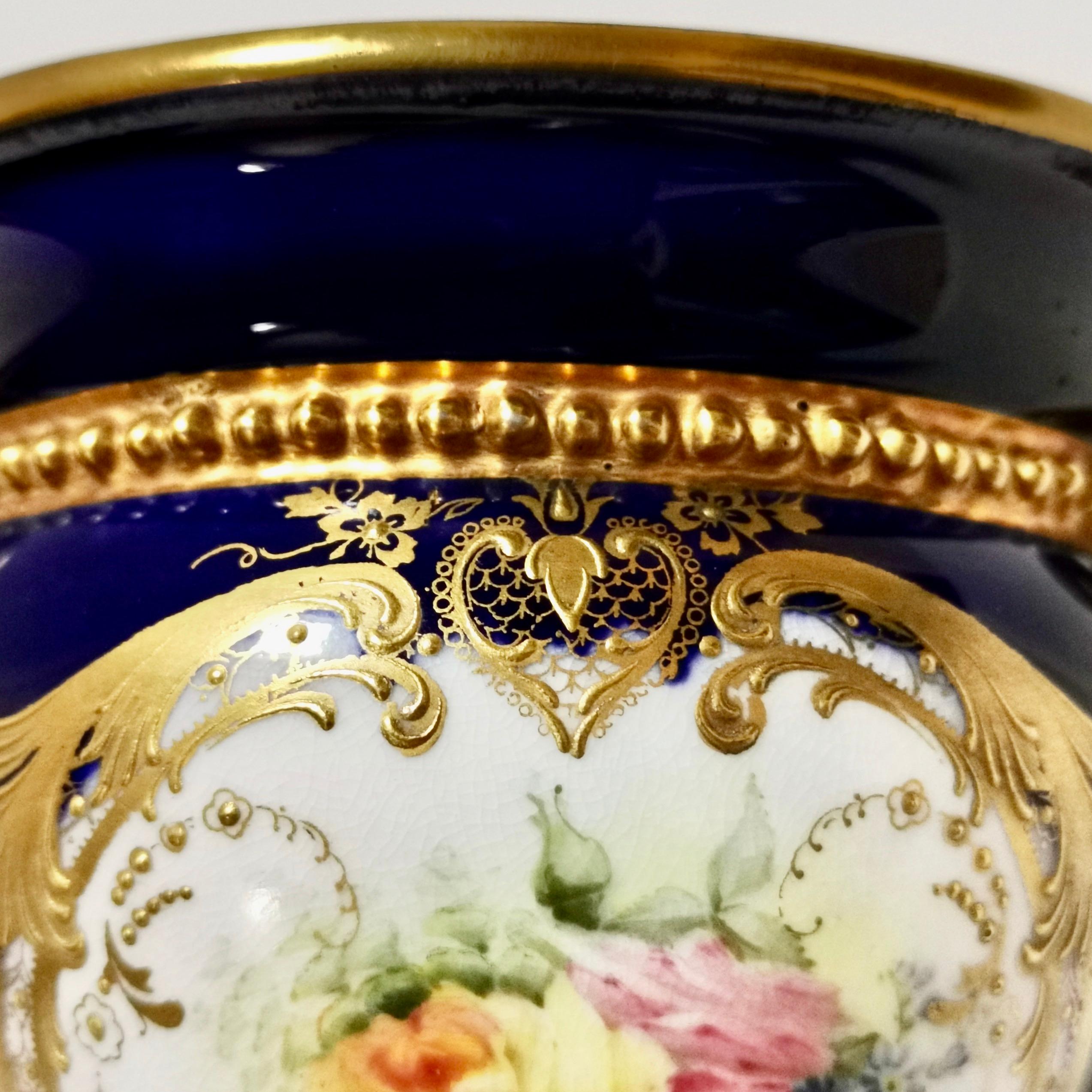 Royal Worcester 2 Porcelain Glaux Vases, Mazarine Blue, Flowers by H Chair, 1905 1
