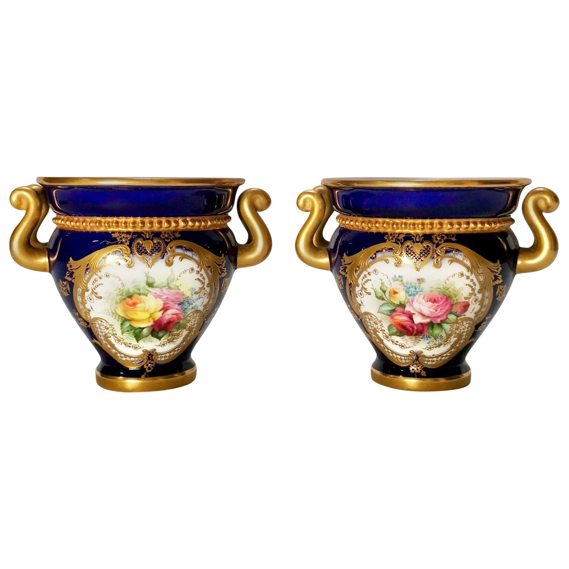 Royal Worcester 2 Porcelain Glaux Vases, Mazarine Blue, Flowers by H Chair, 1905