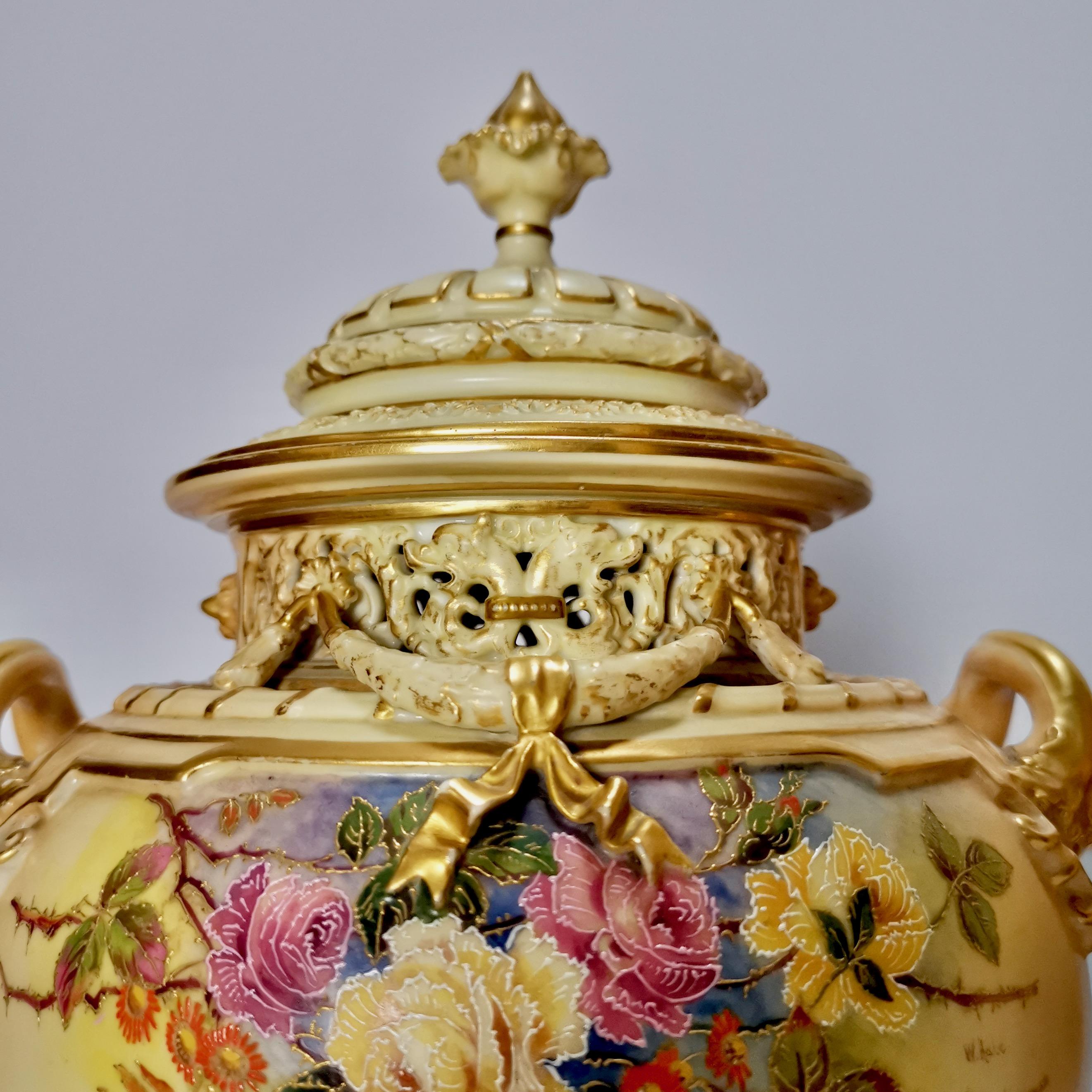 Royal Worcester Pair Porcelain Potpourri Vases, Blush Ivory Signed W. Hale, 1909 6