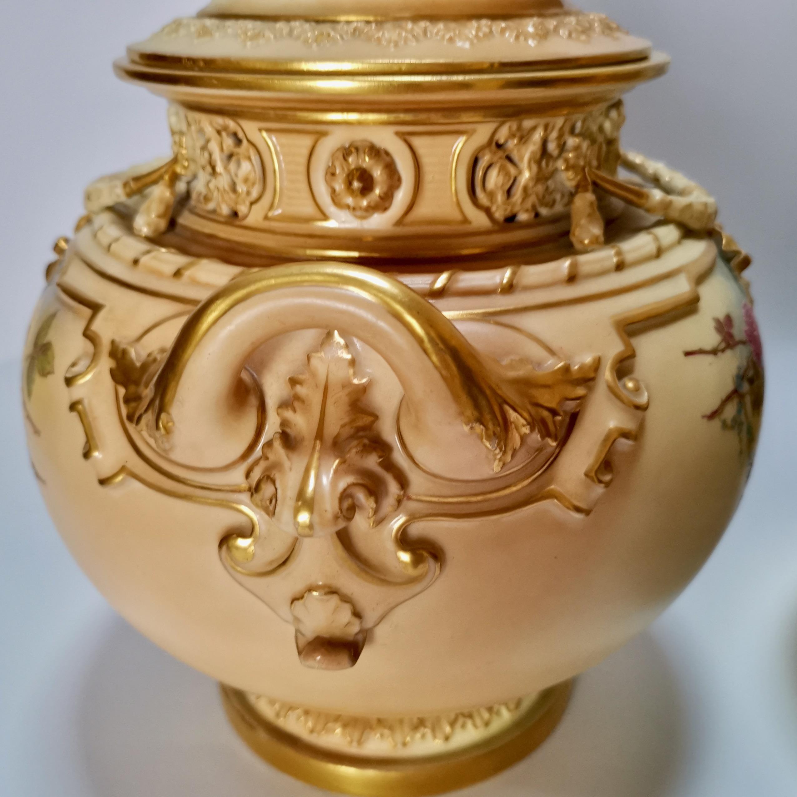 Royal Worcester Pair Porcelain Potpourri Vases, Blush Ivory Signed W. Hale, 1909 8