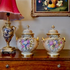 Royal Worcester Pair Porcelain Potpourri Vases, Blush Ivory Signed W. Hale, 1909