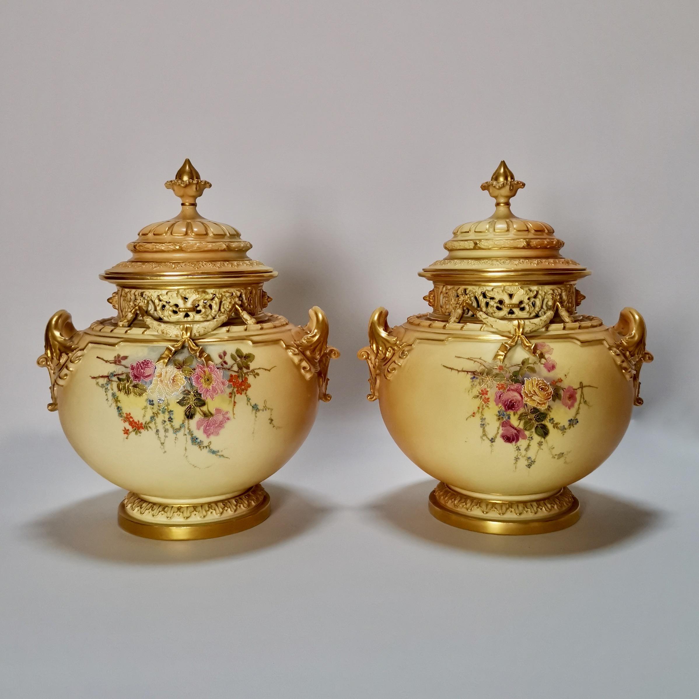 Art Nouveau Royal Worcester Pair Porcelain Potpourri Vases, Blush Ivory Signed W. Hale, 1909