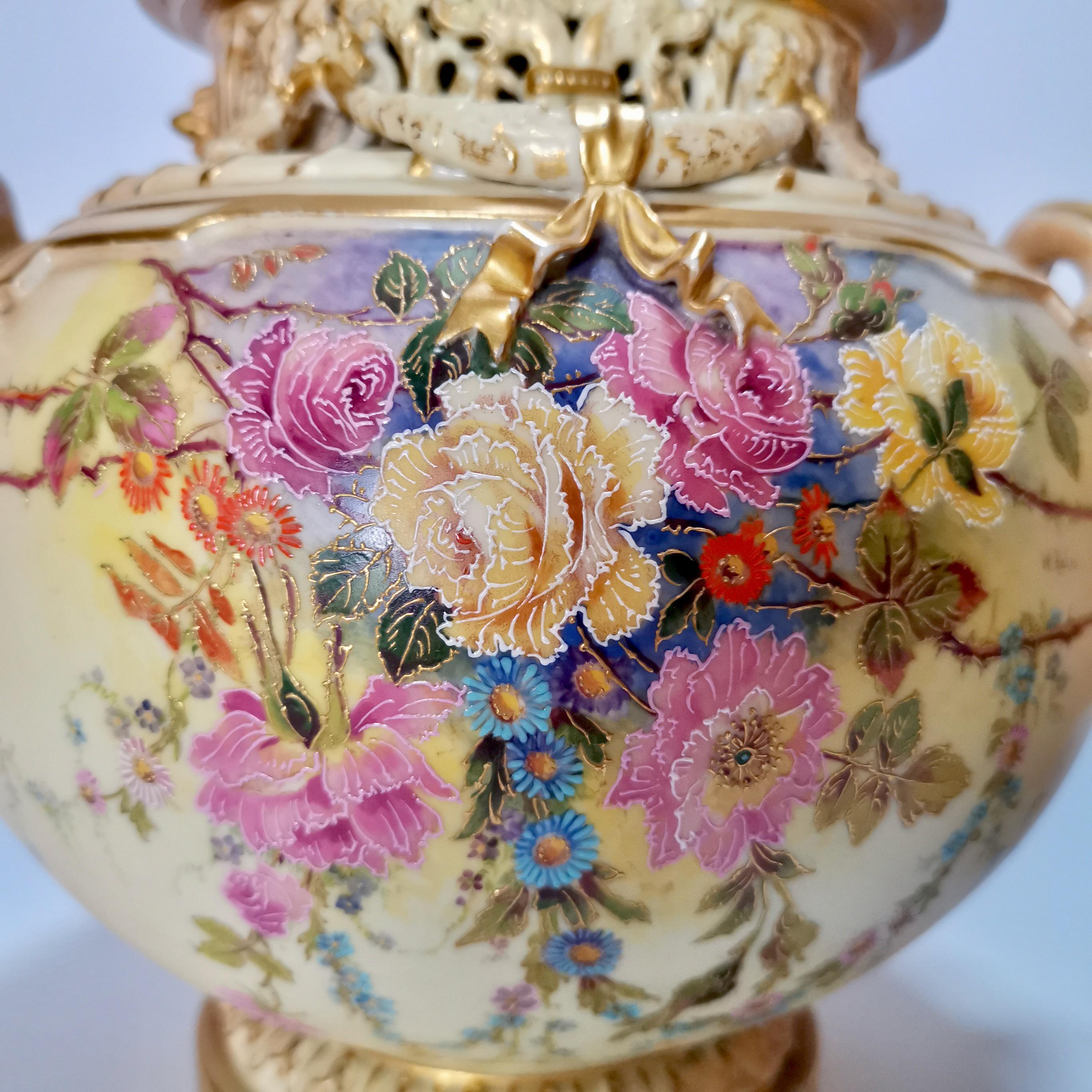 English Royal Worcester Pair Porcelain Potpourri Vases, Blush Ivory Signed W. Hale, 1909