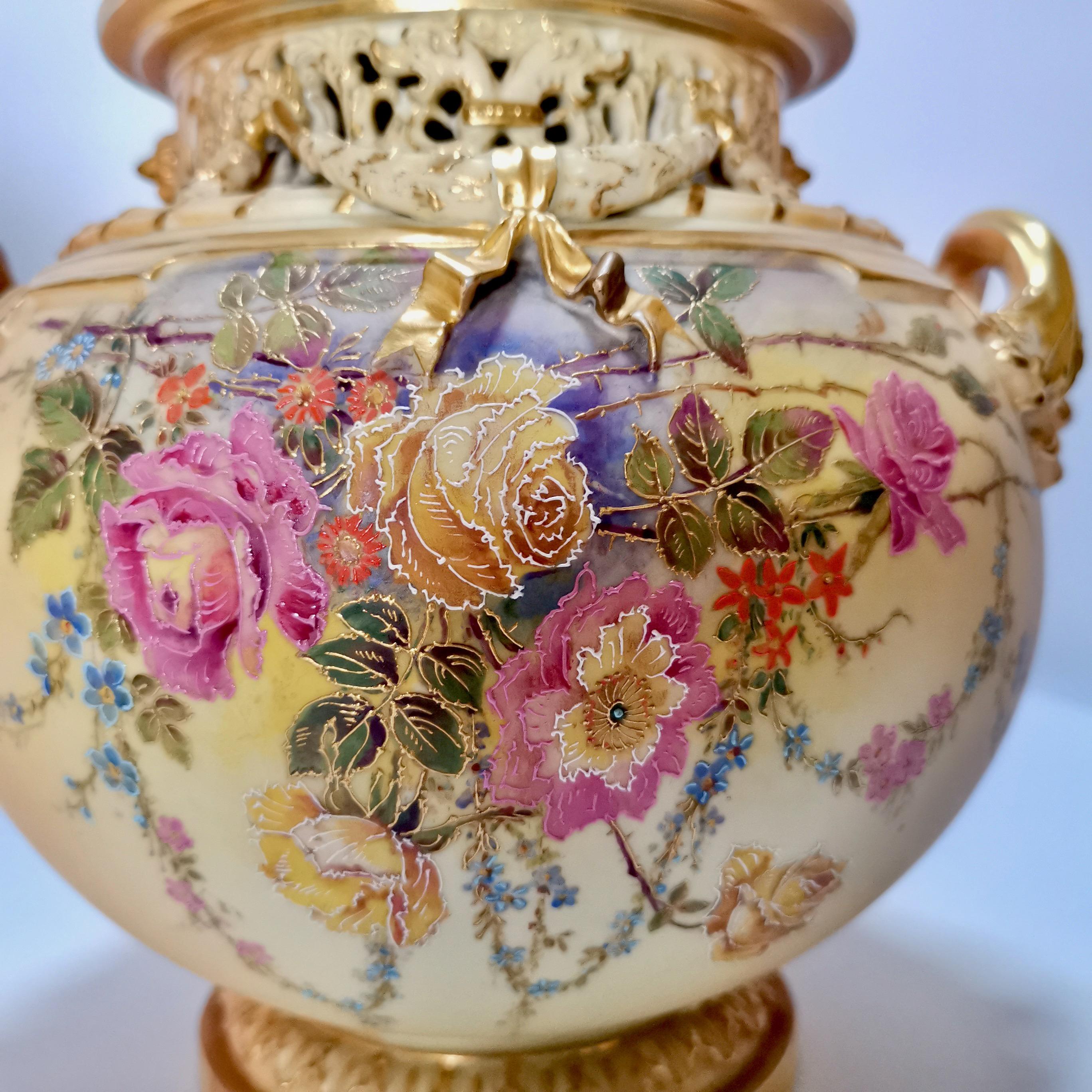 Hand-Painted Royal Worcester Pair Porcelain Potpourri Vases, Blush Ivory Signed W. Hale, 1909