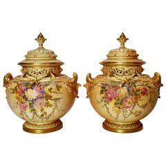 Antique Royal Worcester Pair Porcelain Potpourri Vases, Blush Ivory Signed W. Hale, 1909