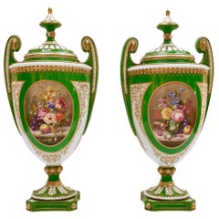Royal Worcester 2 Porcelain Vases, Green Floral, Signed William Hawkins, 1907