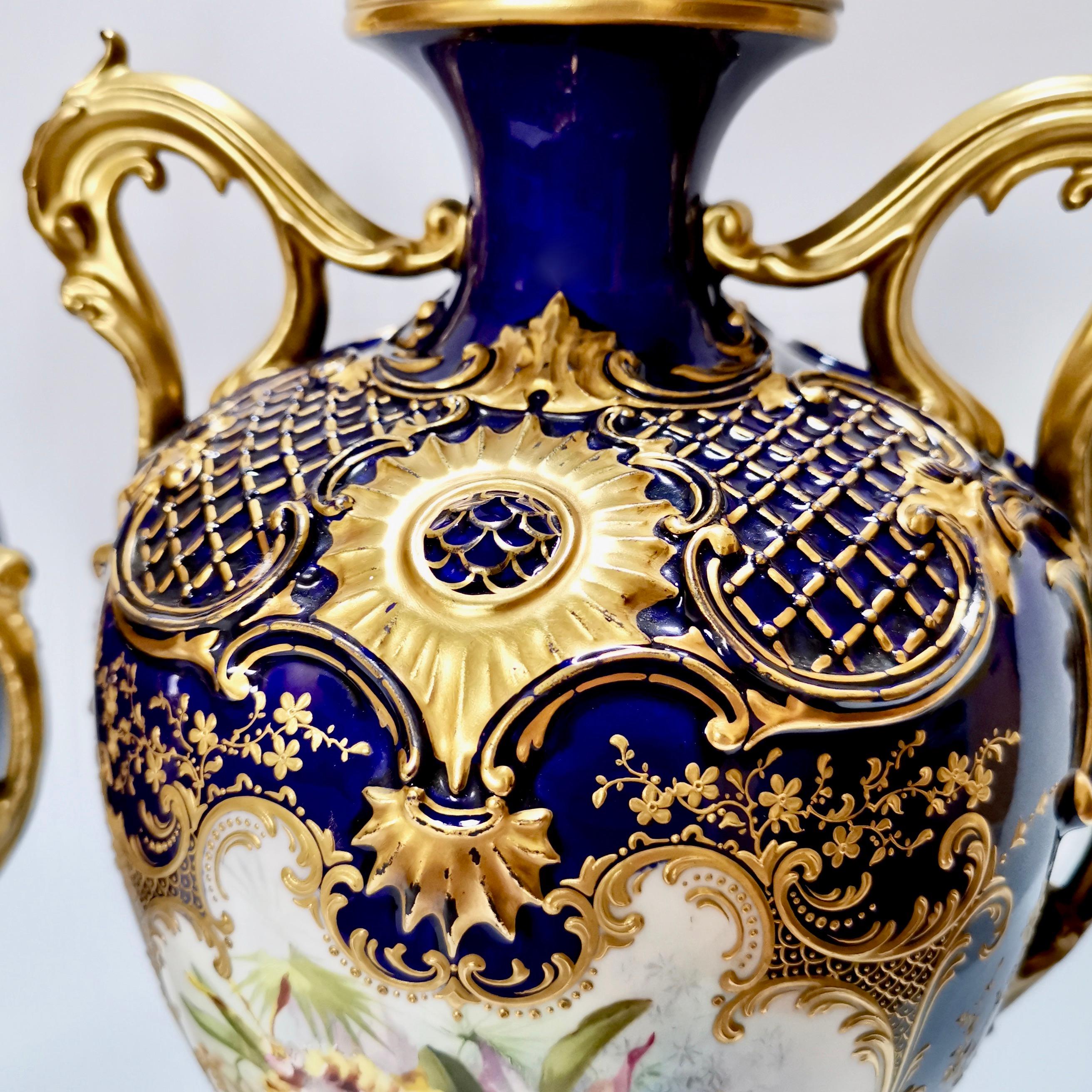 Royal Worcester 2 Porcelain Vases, Mazarine Blue, Orchids Signed F Roberts, 1901 3