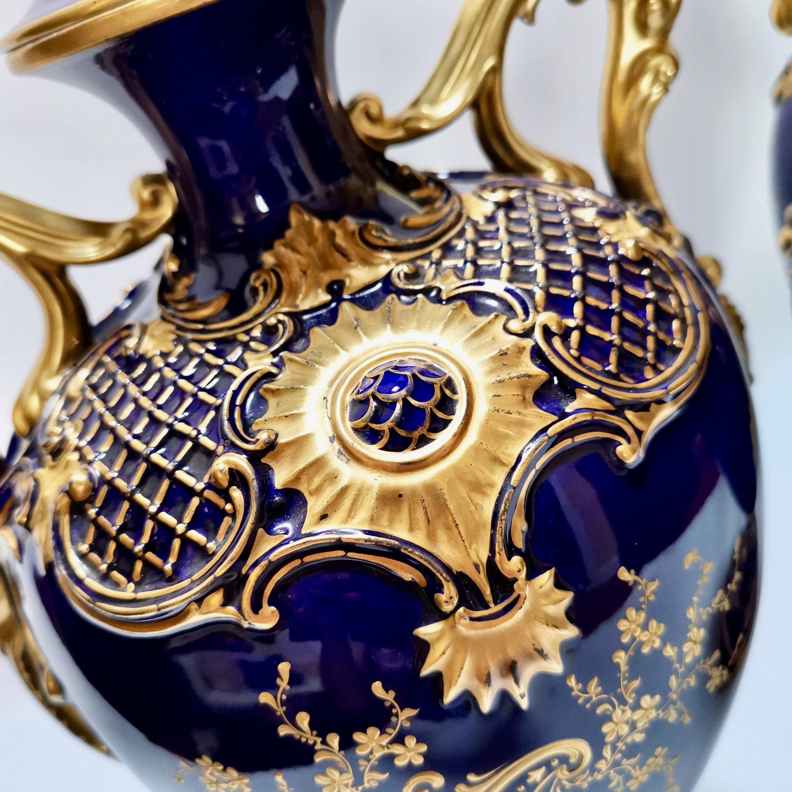 Royal Worcester 2 Porcelain Vases, Mazarine Blue, Orchids Signed F Roberts, 1901 4