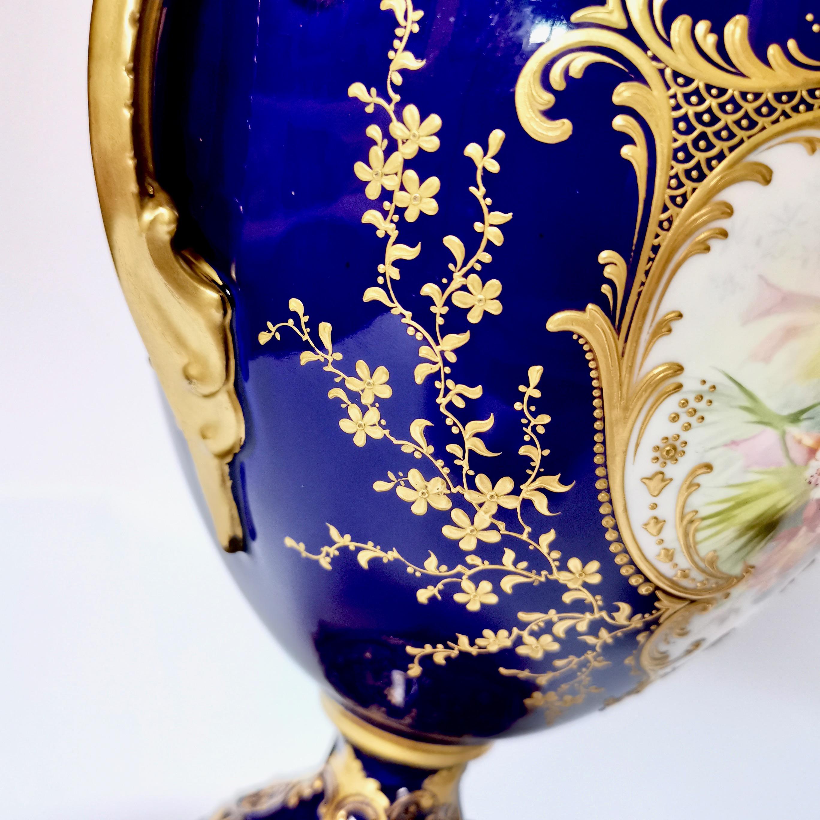 Royal Worcester 2 Porcelain Vases, Mazarine Blue, Orchids Signed F Roberts, 1901 7