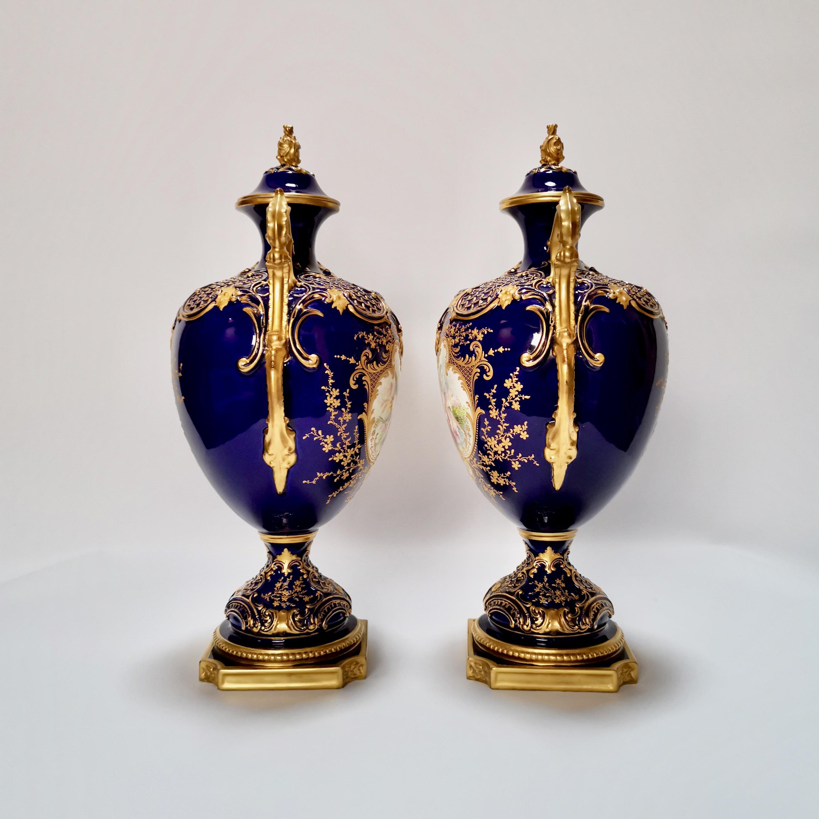 High Victorian Royal Worcester 2 Porcelain Vases, Mazarine Blue, Orchids Signed F Roberts, 1901