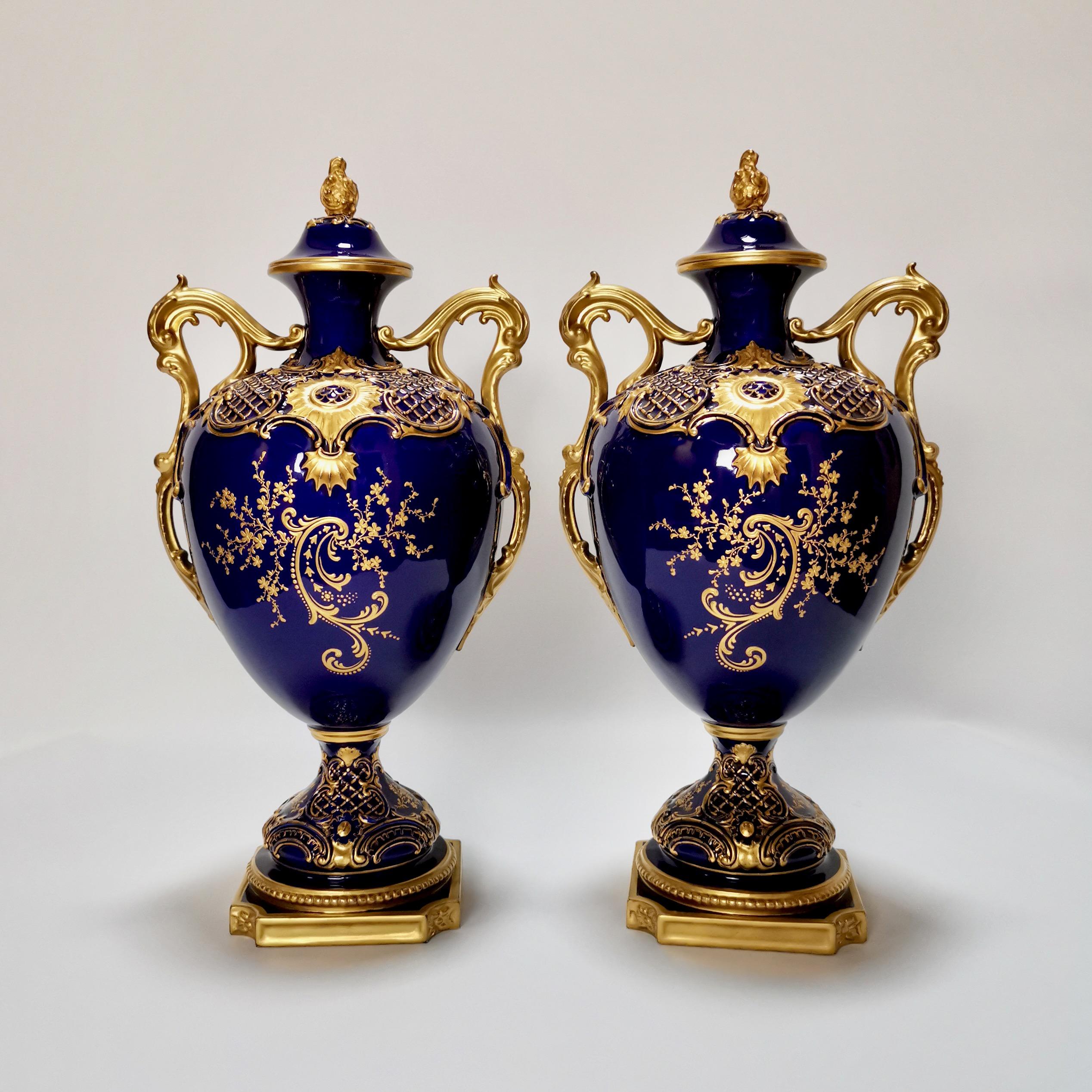 English Royal Worcester 2 Porcelain Vases, Mazarine Blue, Orchids Signed F Roberts, 1901