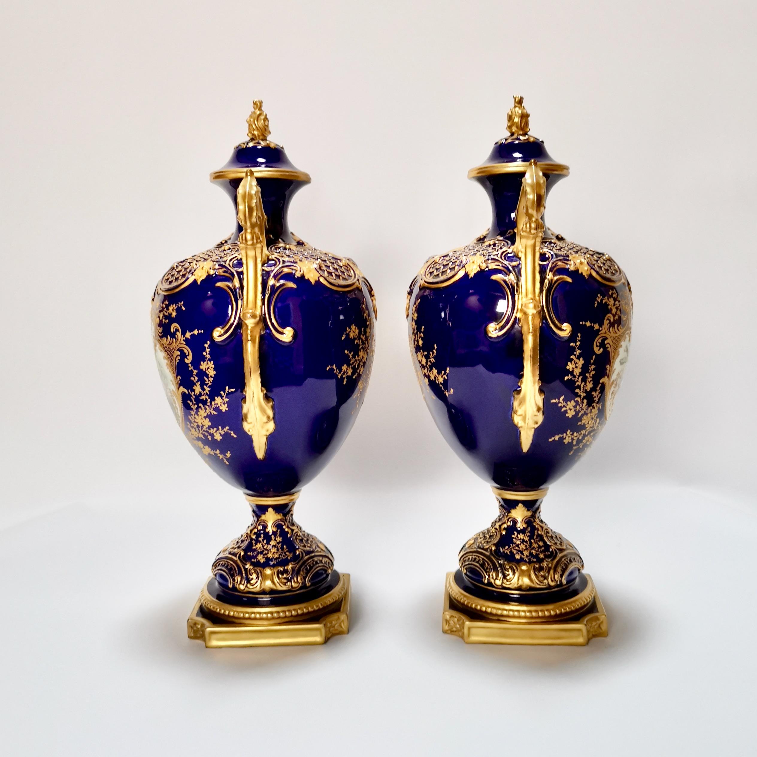 Hand-Painted Royal Worcester 2 Porcelain Vases, Mazarine Blue, Orchids Signed F Roberts, 1901