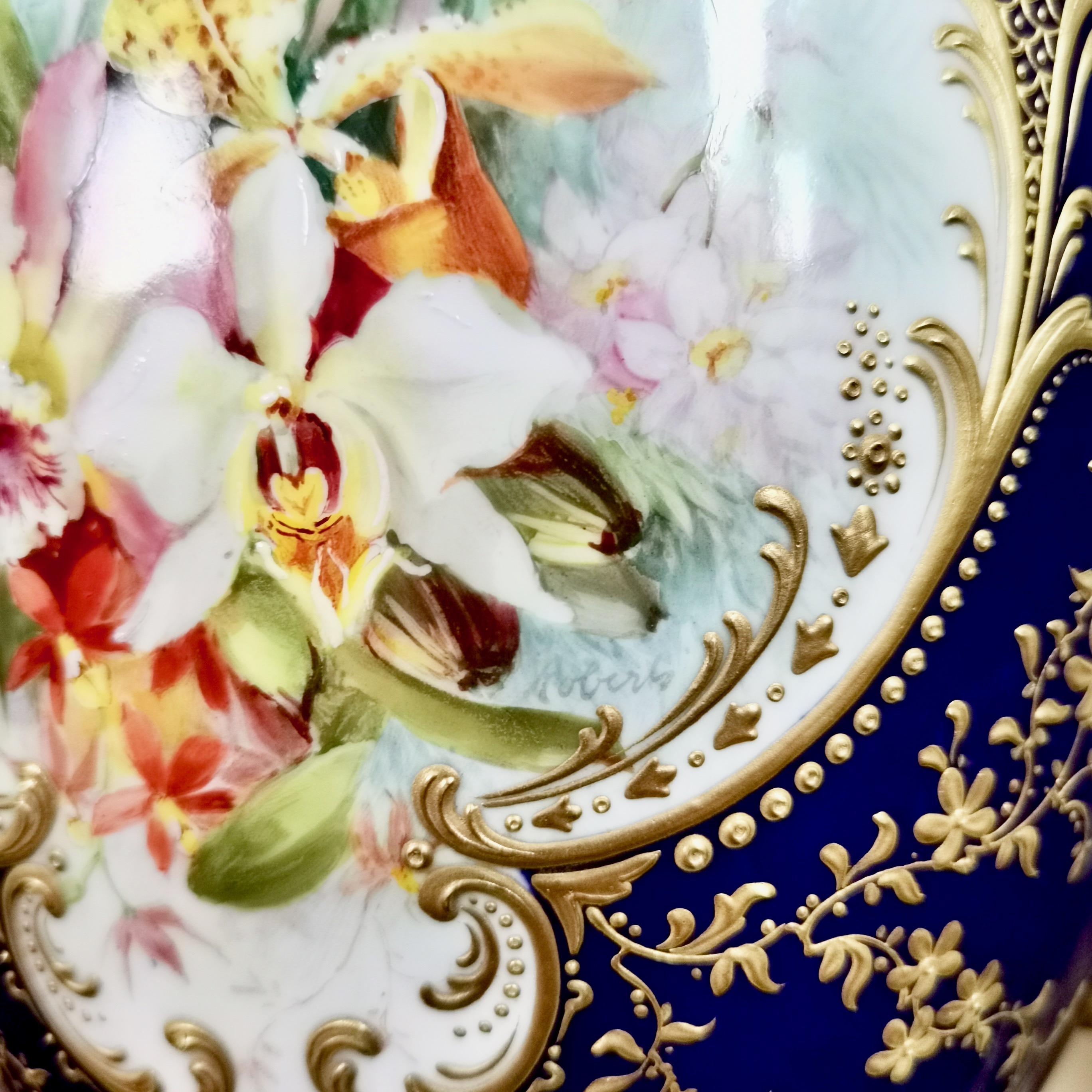 Royal Worcester 2 Porcelain Vases, Mazarine Blue, Orchids Signed F Roberts, 1901 2