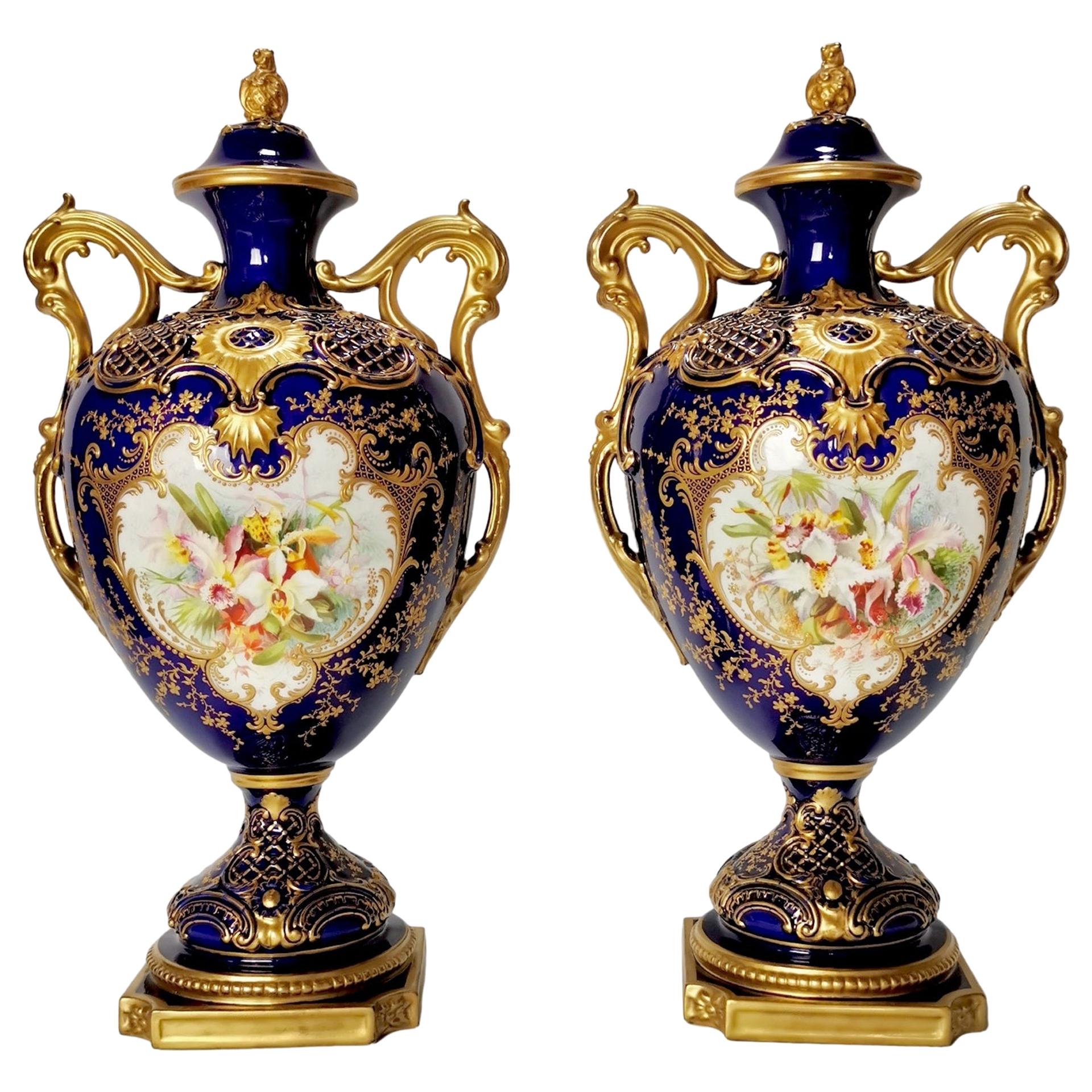 Royal Worcester 2 Porcelain Vases, Mazarine Blue, Orchids Signed F Roberts, 1901