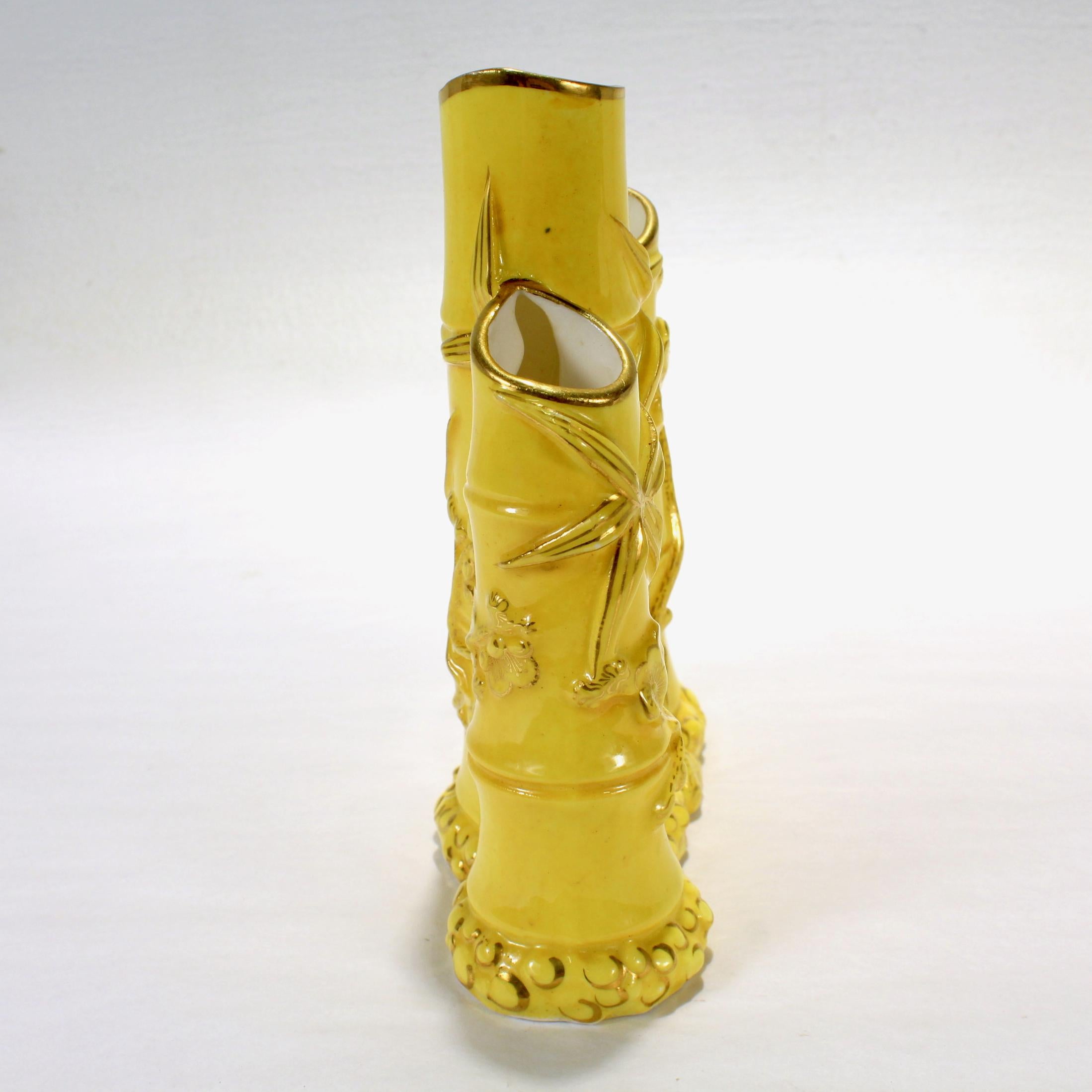 Gilt Royal Worcester Aesthetic Movement Bamboo Form Trompe L'oeil Porcelain Vase For Sale