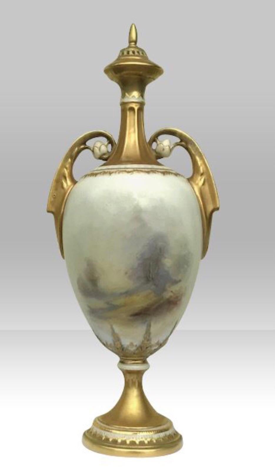 Rococo Royal Worcester Antique James Stinton Cock Pheasant Vase with Cover For Sale