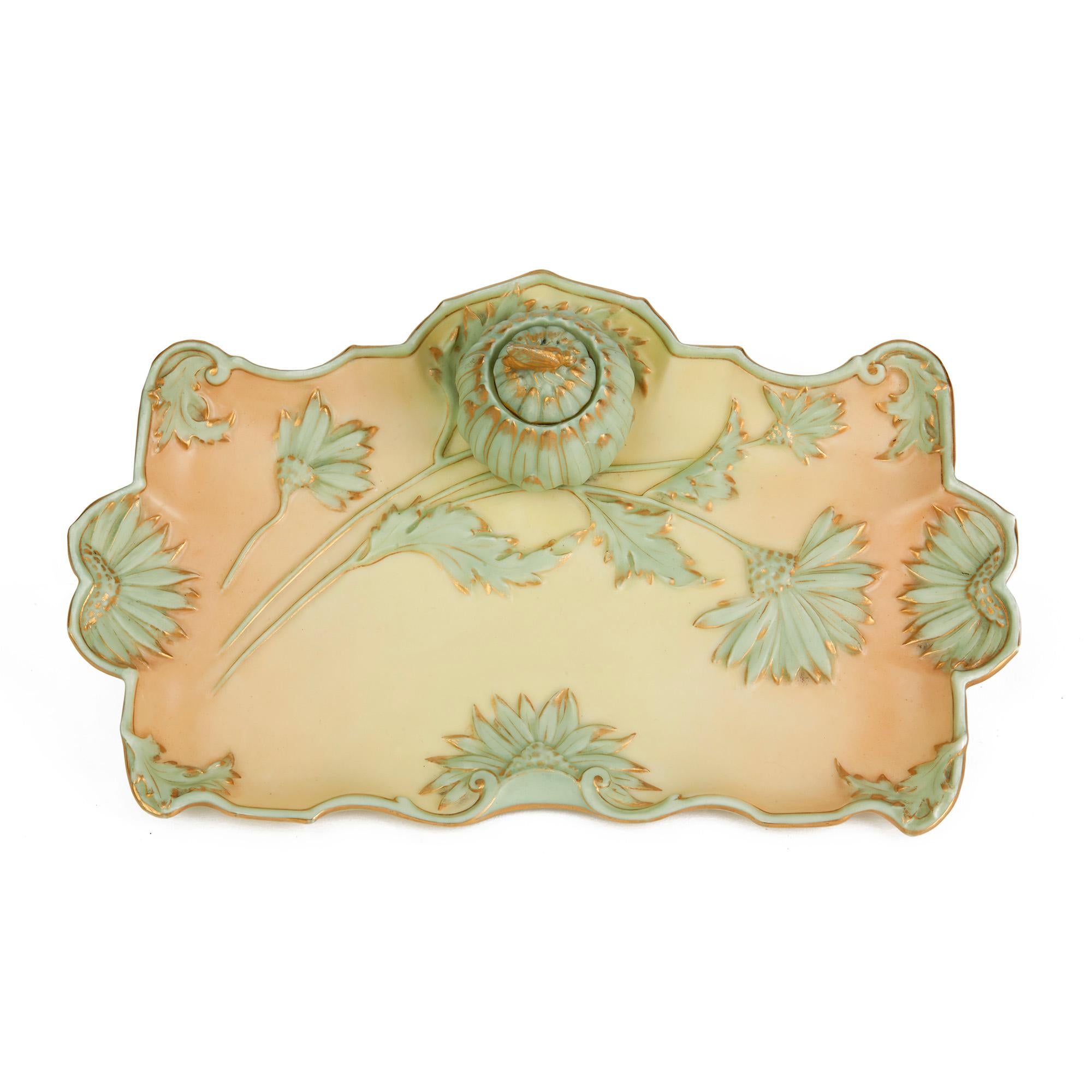 English Royal Worcester Art Nouveau Blush Porcelain Desk Stand Dated 1894 For Sale
