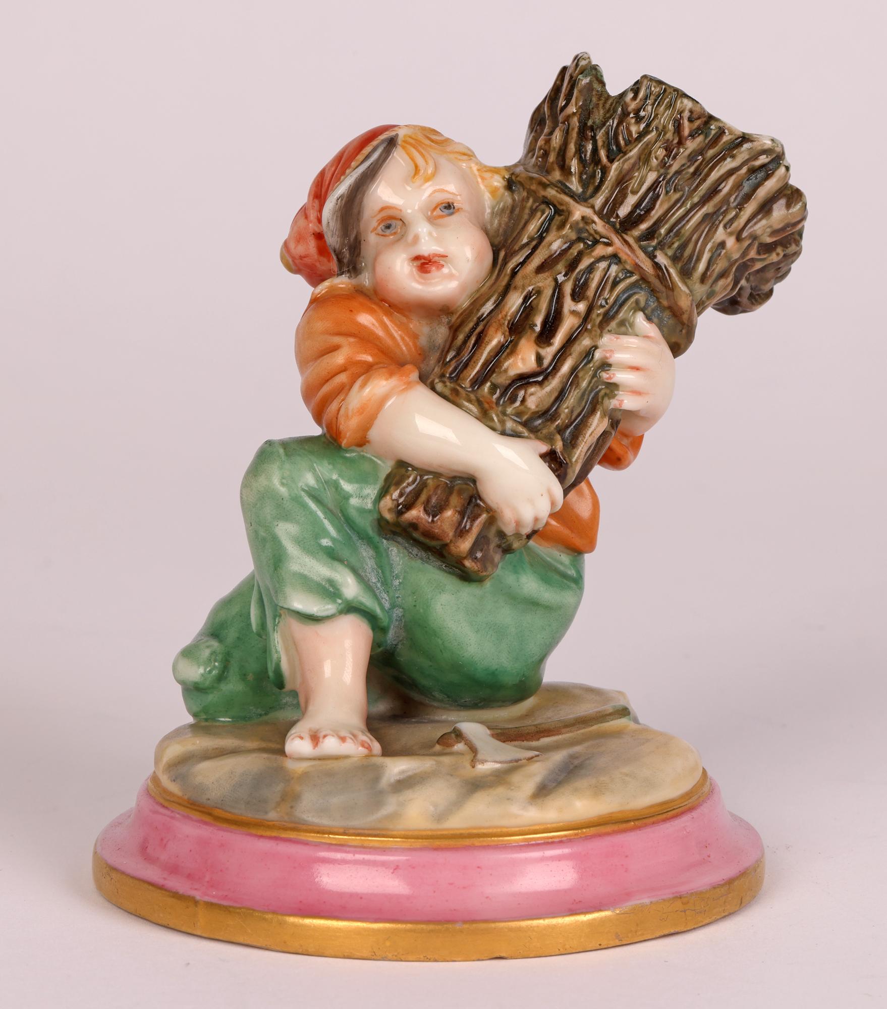 Victorian Royal Worcester Attributed Figural Boy with Bundle of Wooden Twigs Spill Vase For Sale