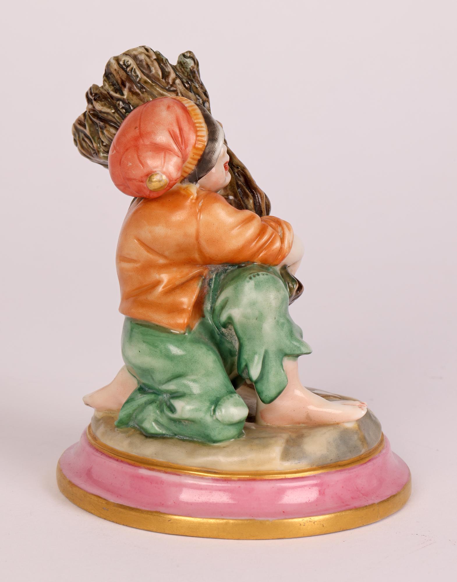 19th Century Royal Worcester Attributed Figural Boy with Bundle of Wooden Twigs Spill Vase For Sale
