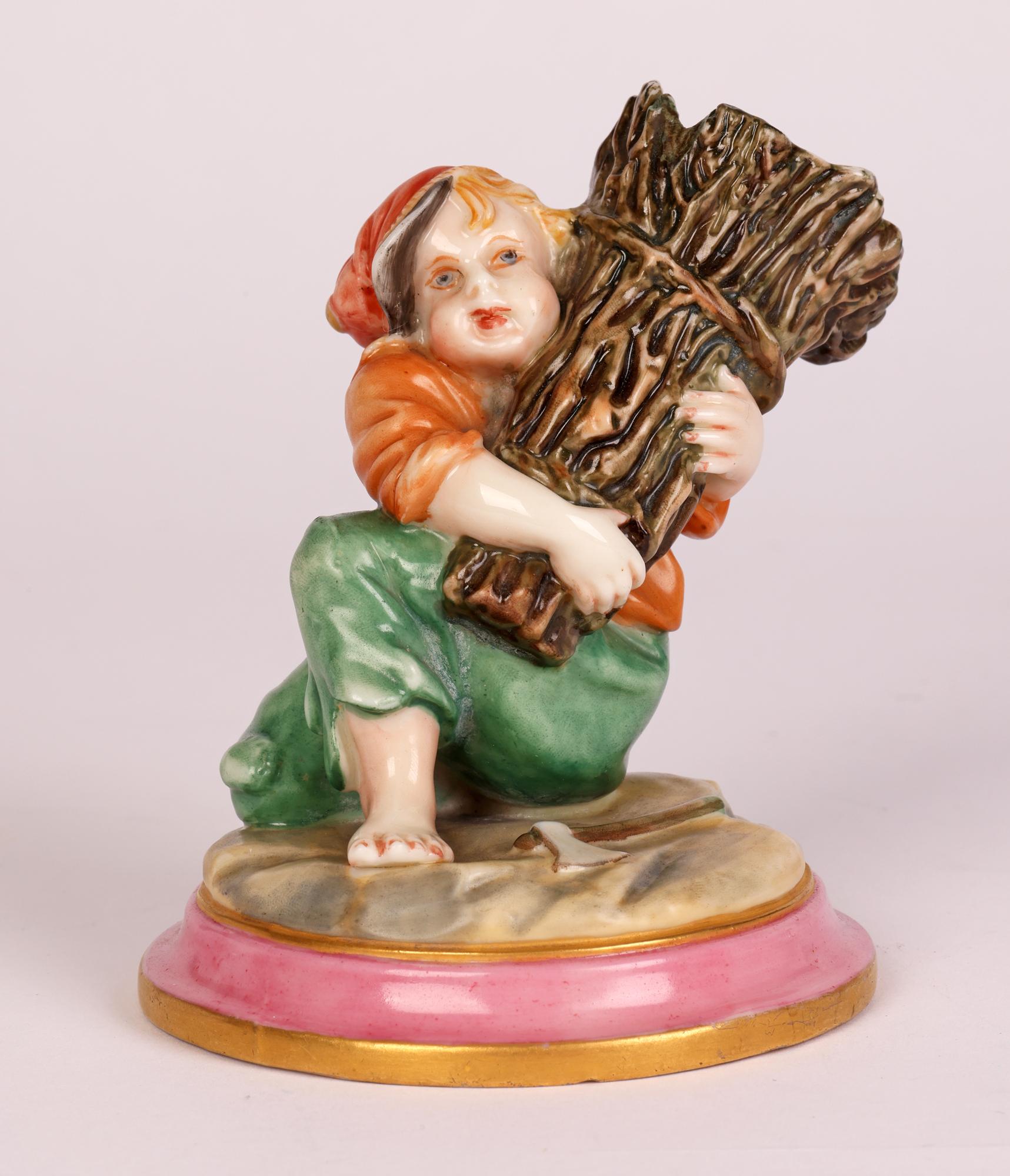 Porcelain Royal Worcester Attributed Figural Boy with Bundle of Wooden Twigs Spill Vase For Sale