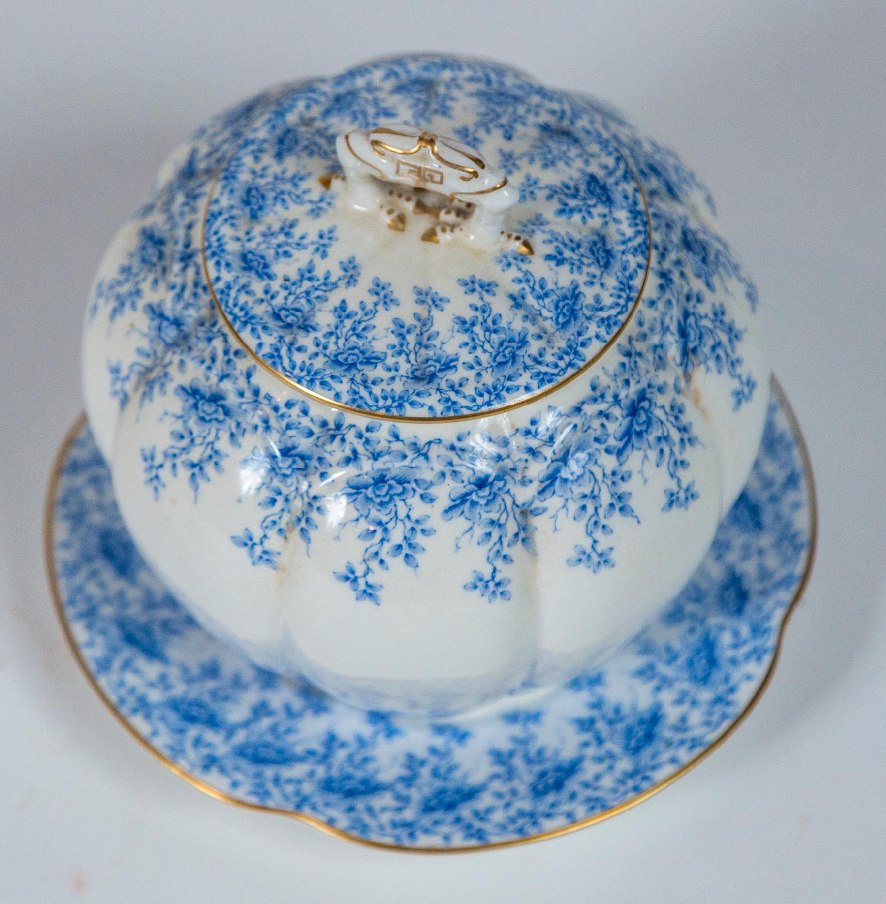 Pot à biscuits Royal Worcester avec sous-plaque, Angleterre, fin du XIXe siècle. Pot en forme de melon avec un motif floral bleu et blanc et une bordure dorée.