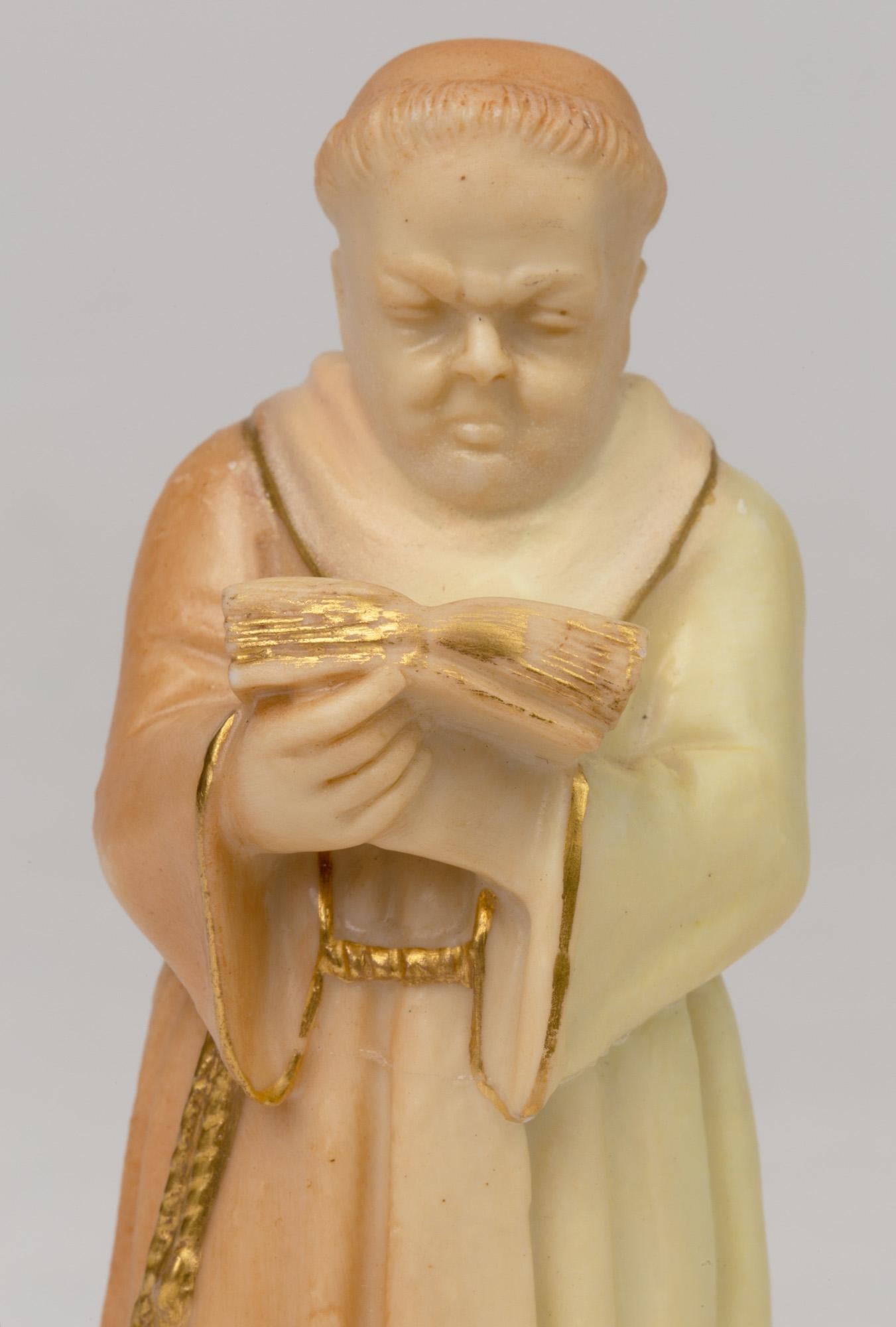 Early 20th Century Royal Worcester Blush Ivory Porcelain Monk Candle Snuffer, 1904 For Sale
