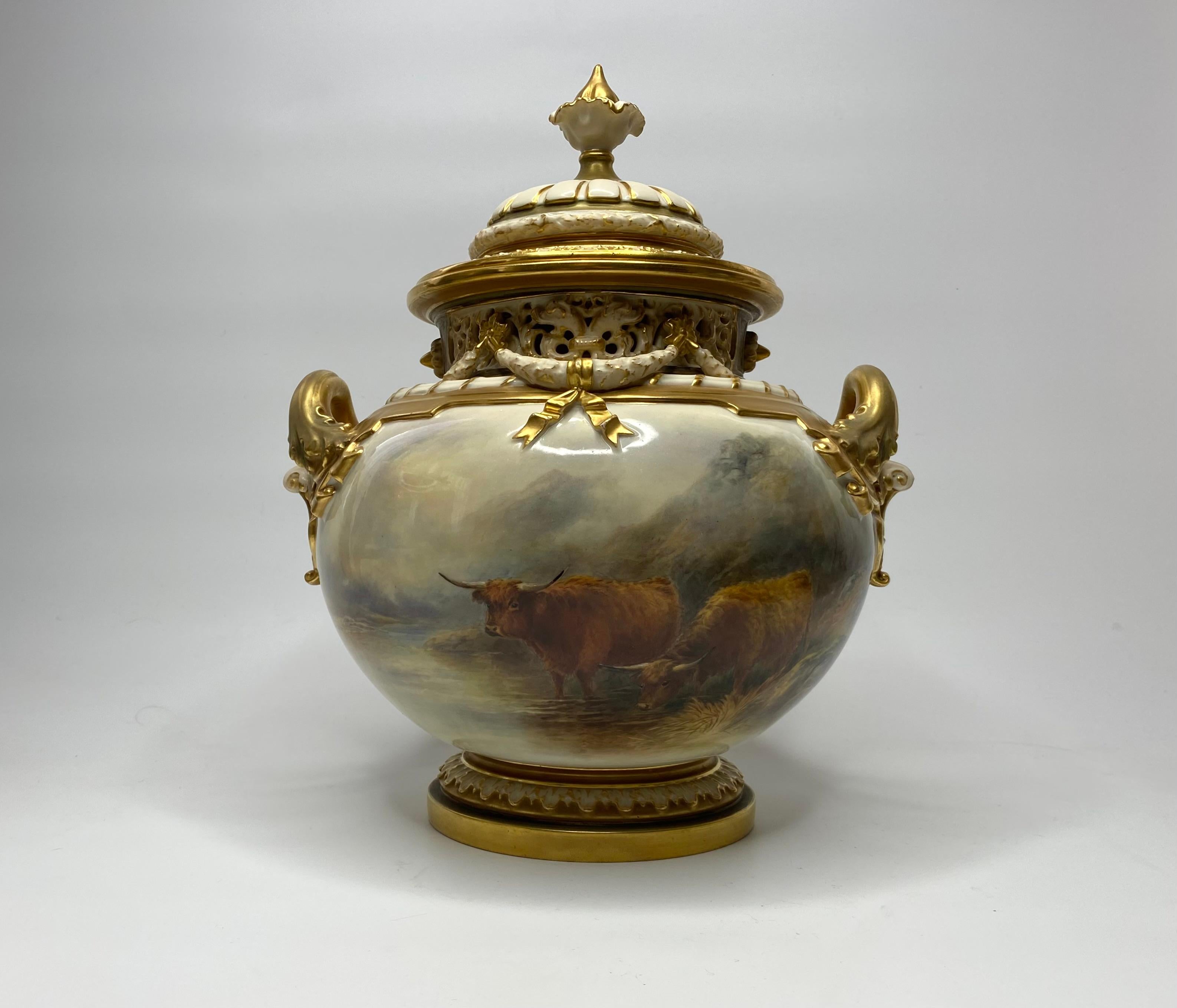 Royal Worcester bough pot, Highland Cattle, John Stinton, d. 1918. For Sale 4
